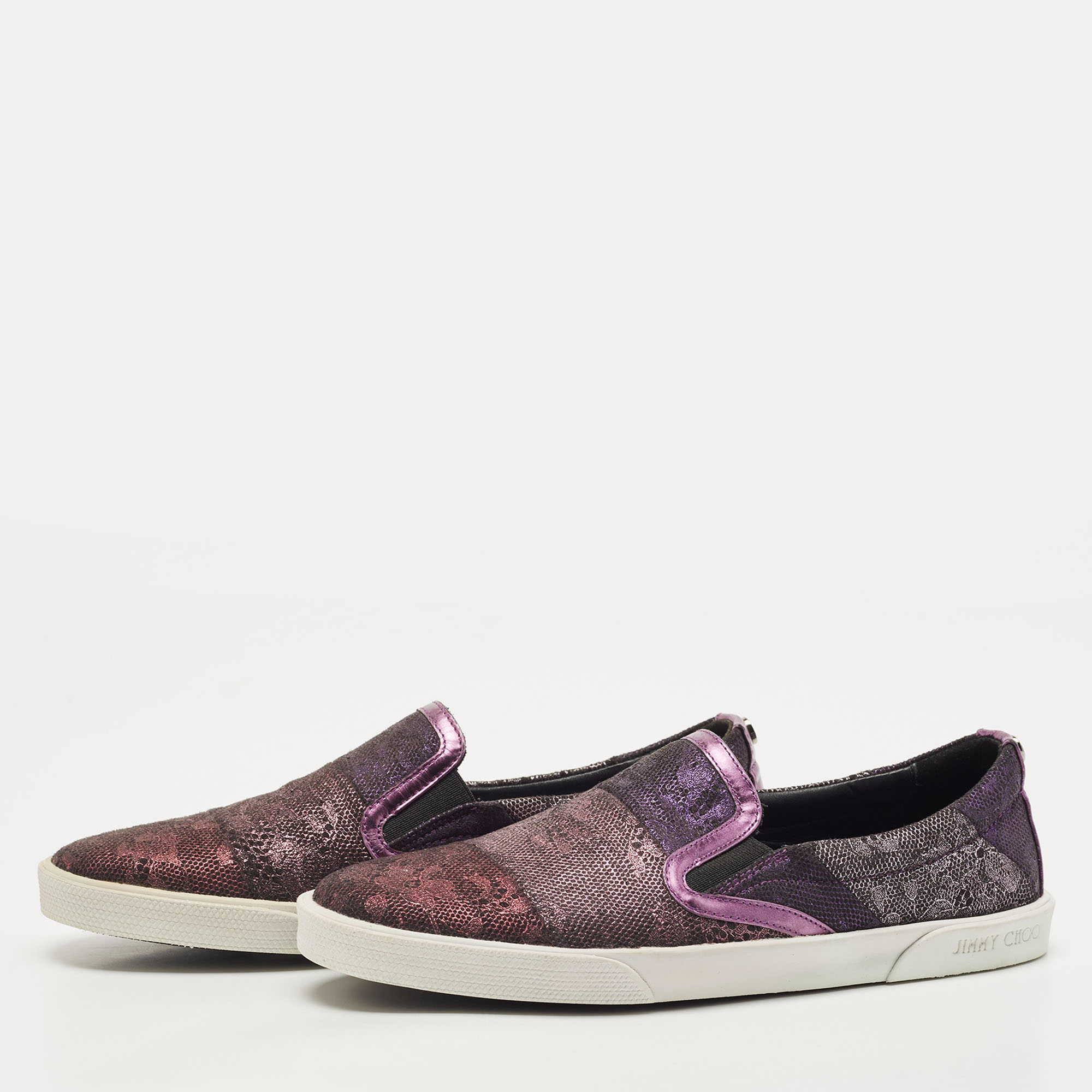 

Jimmy Choo Purple/Black Lace and Leather Demi Slip On Sneakers Size