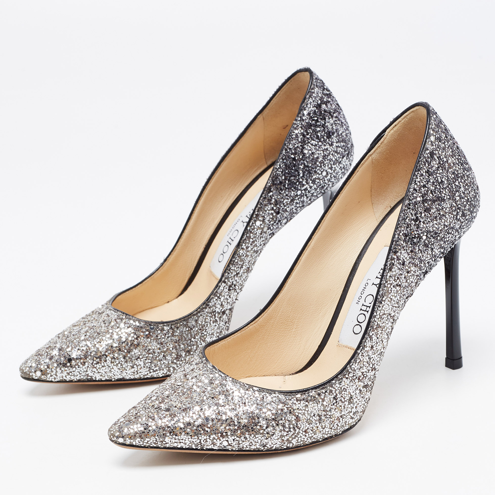 

Jimmy Choo Silver Glitter Romy Pointed Toe Pumps Size