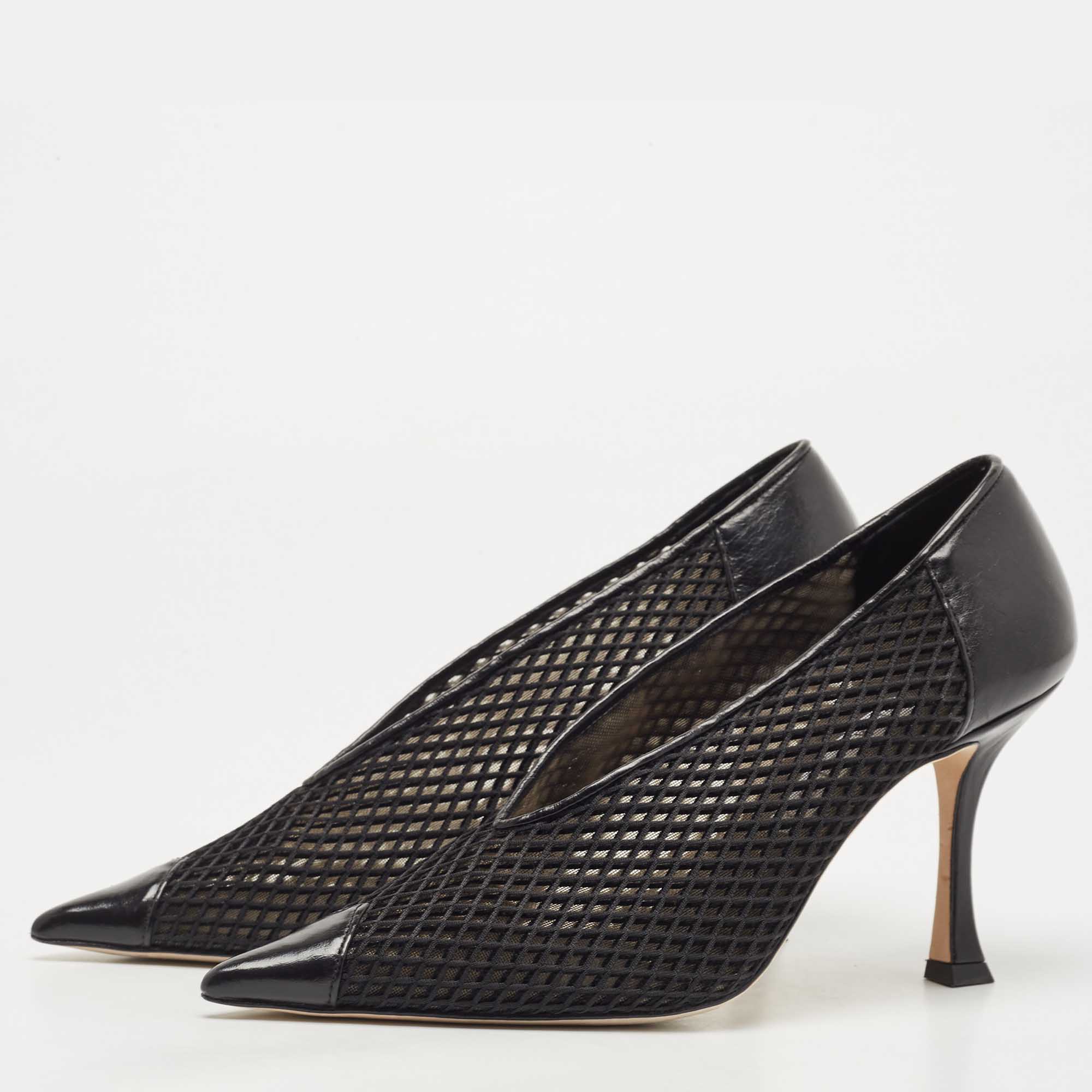 

Jimmy Choo Black Leather and Mesh Nicole V Cut Pointed Toe Pumps Size