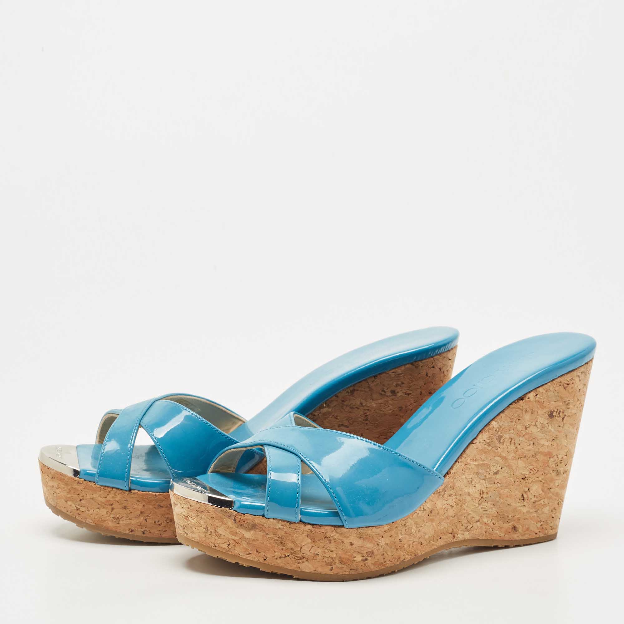 

Jimmy Choo Blue Patent Leather Prima Wedge Sandals Size