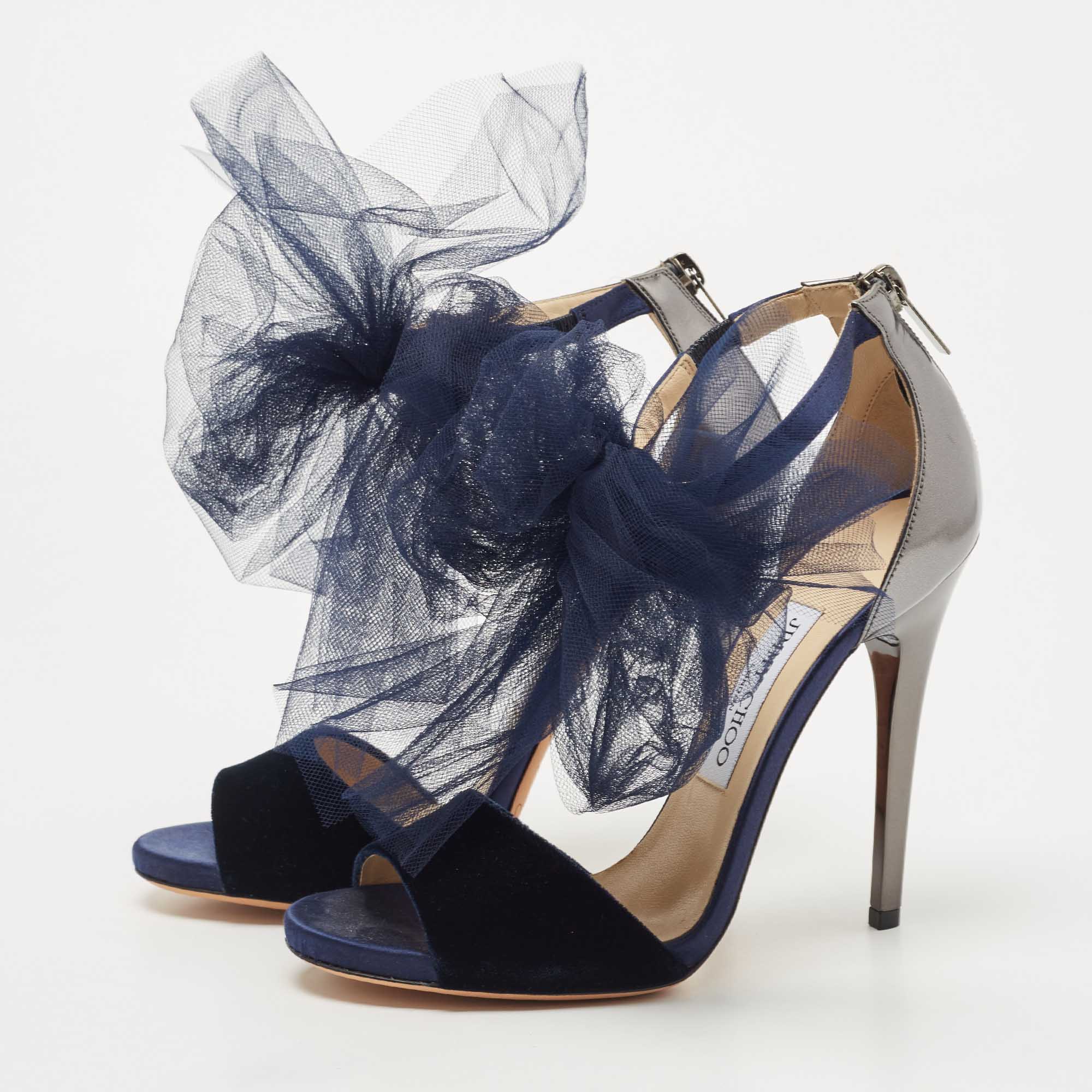 

Jimmy Choo Navy Blue/Grey Velvet and Leather Lilyth Bow Ankle Strap Sandals Size