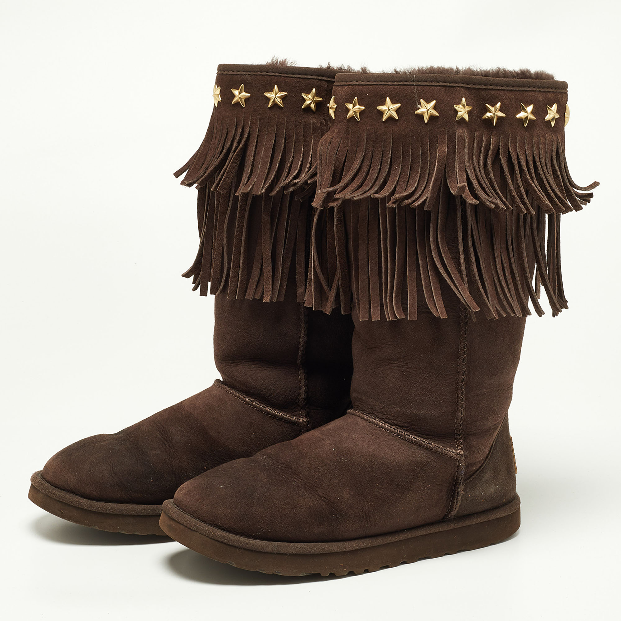

Jimmy Choo x Uggs Brown Studded Suede Fringe Snow Boots Size