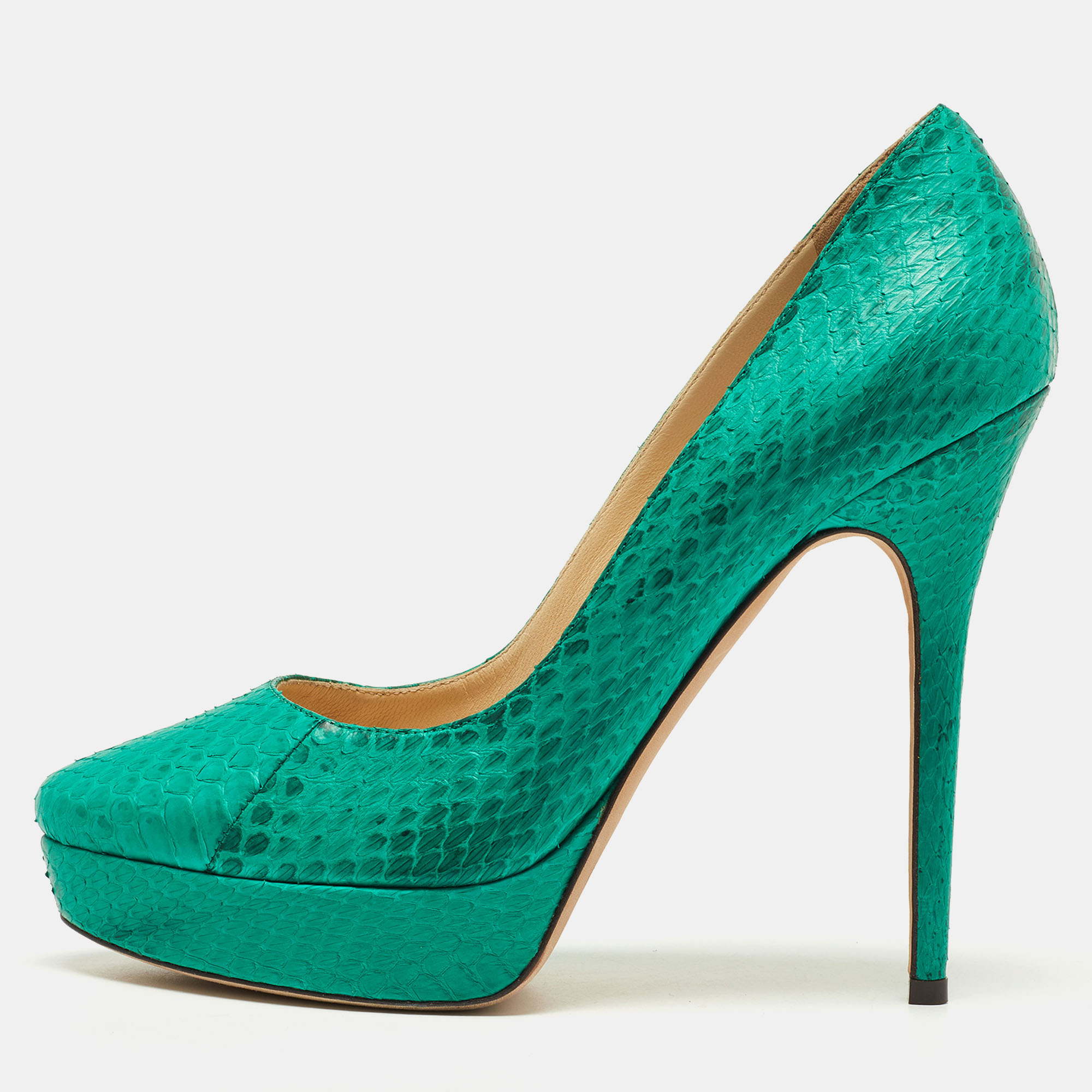 Pre-owned Jimmy Choo Green Watersnake Leather Platform Pumps Size 40