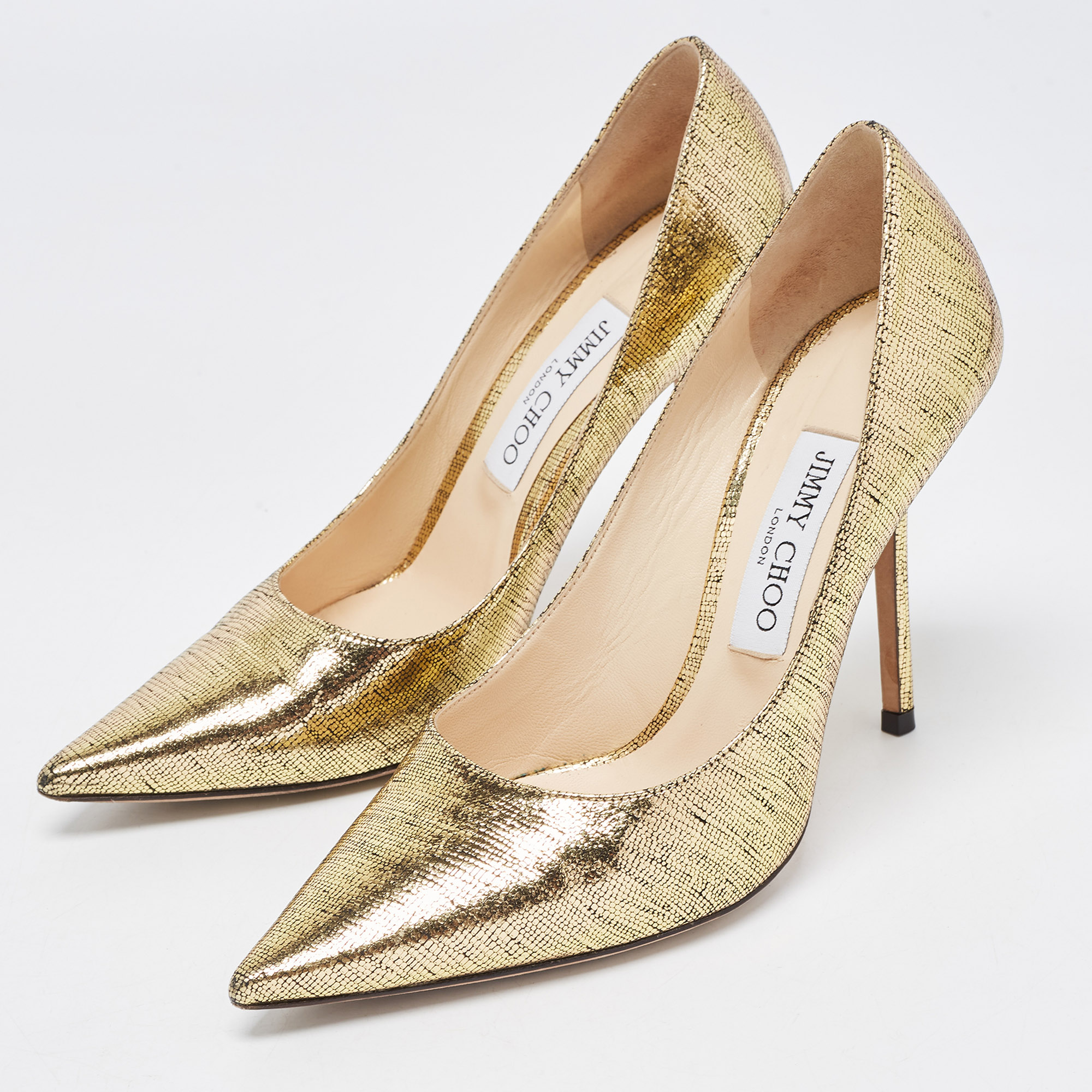

Jimmy Choo Gold Laminated Suede Love Pumps Size