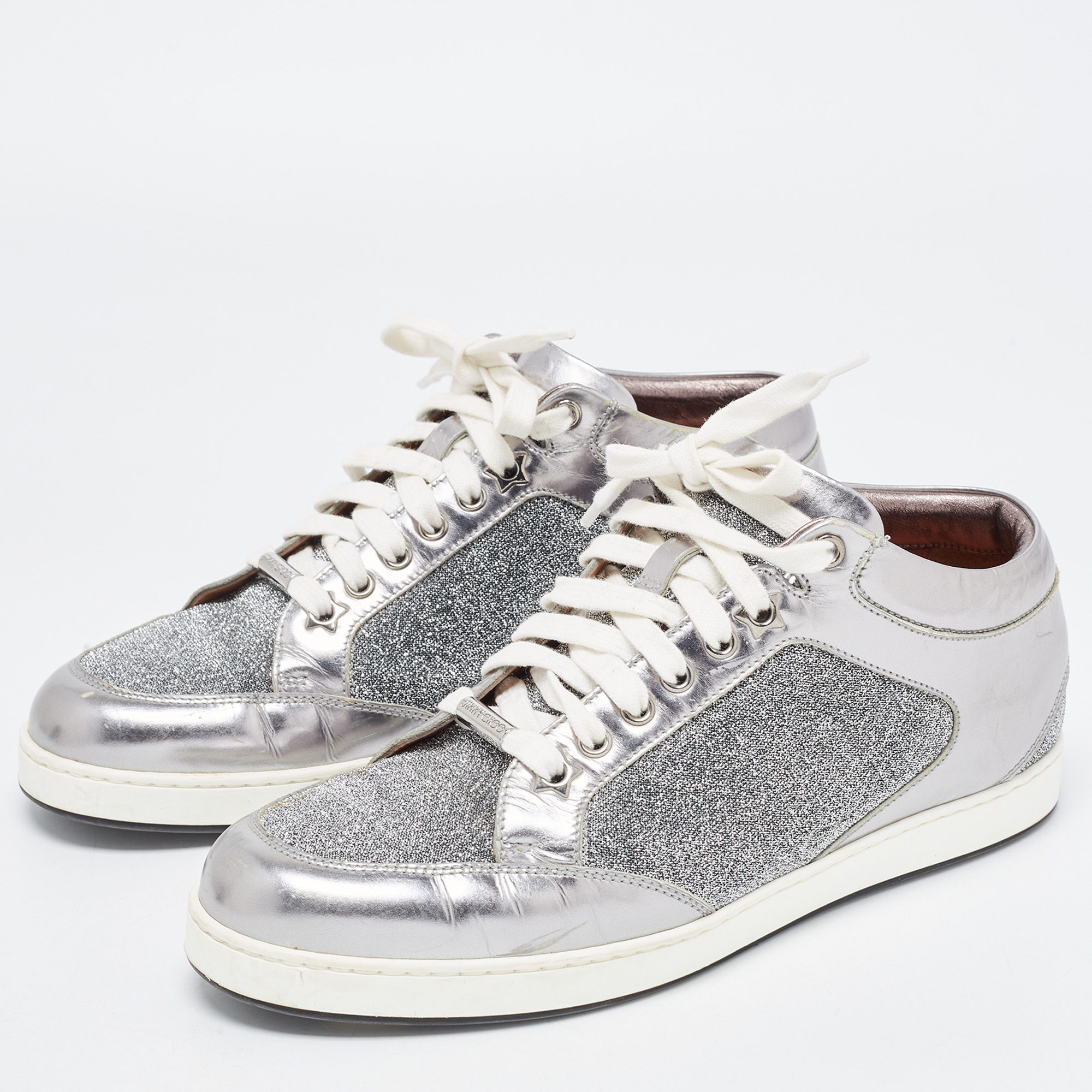 

Jimmy Choo Silver Leather and Lurex Fabric Miami Sneakers Size