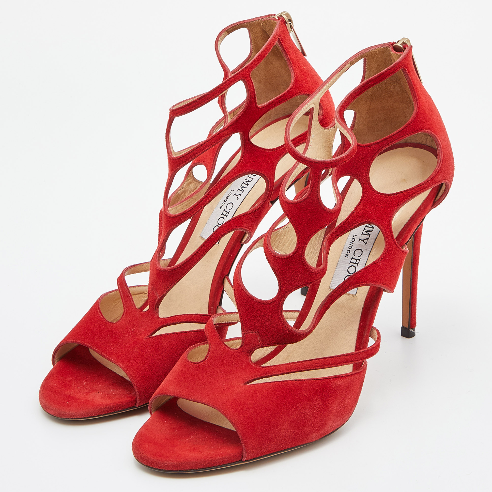 

Jimmy Choo Red Suede Ren Cut Out Peep Toe Sandals Size