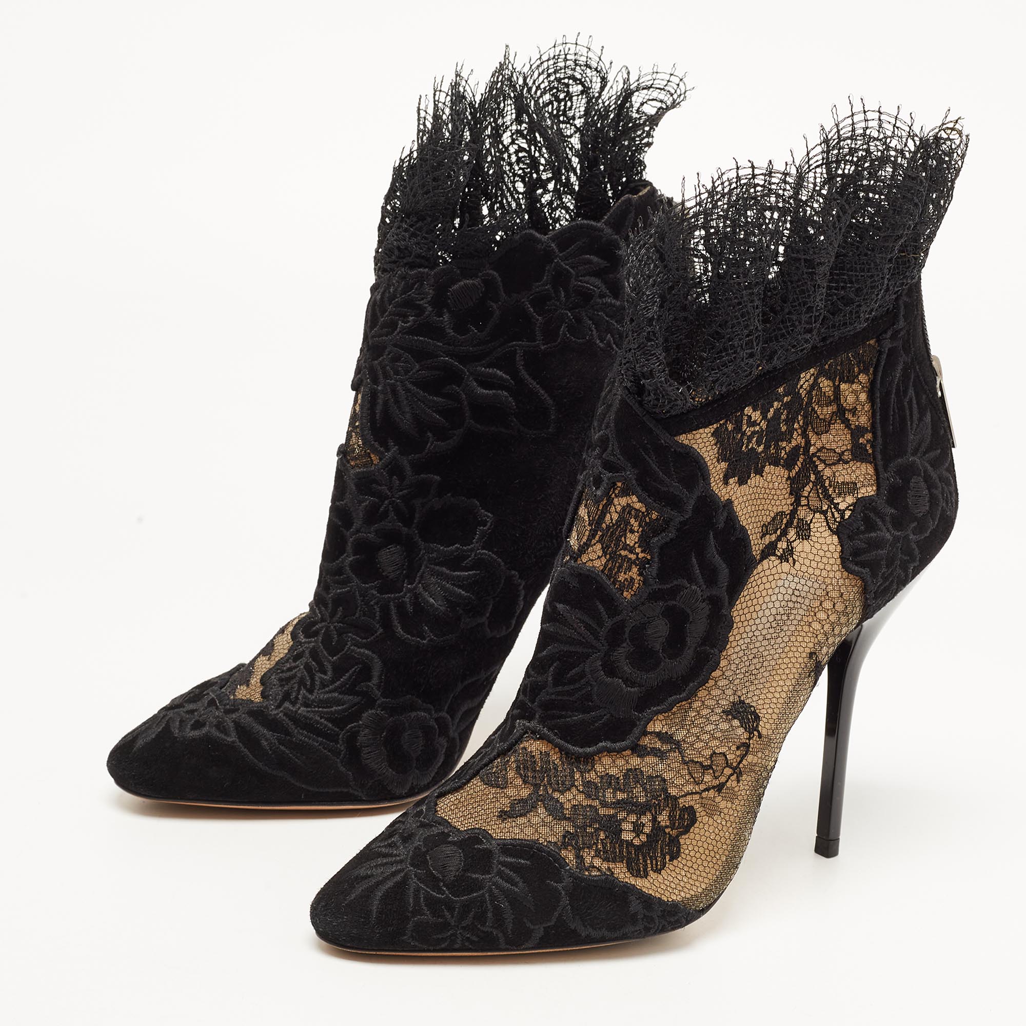

Jimmy Choo Black Lace and Floral Embroidered Suede Kamaris Ankle Booties Size
