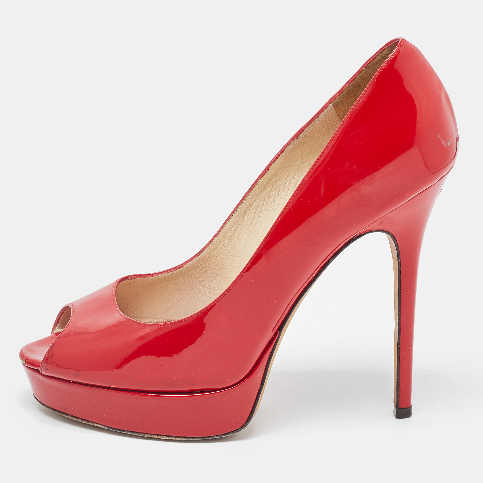 

Jimmy Choo Red Patent Leather Peep Toe Crown Pumps Size