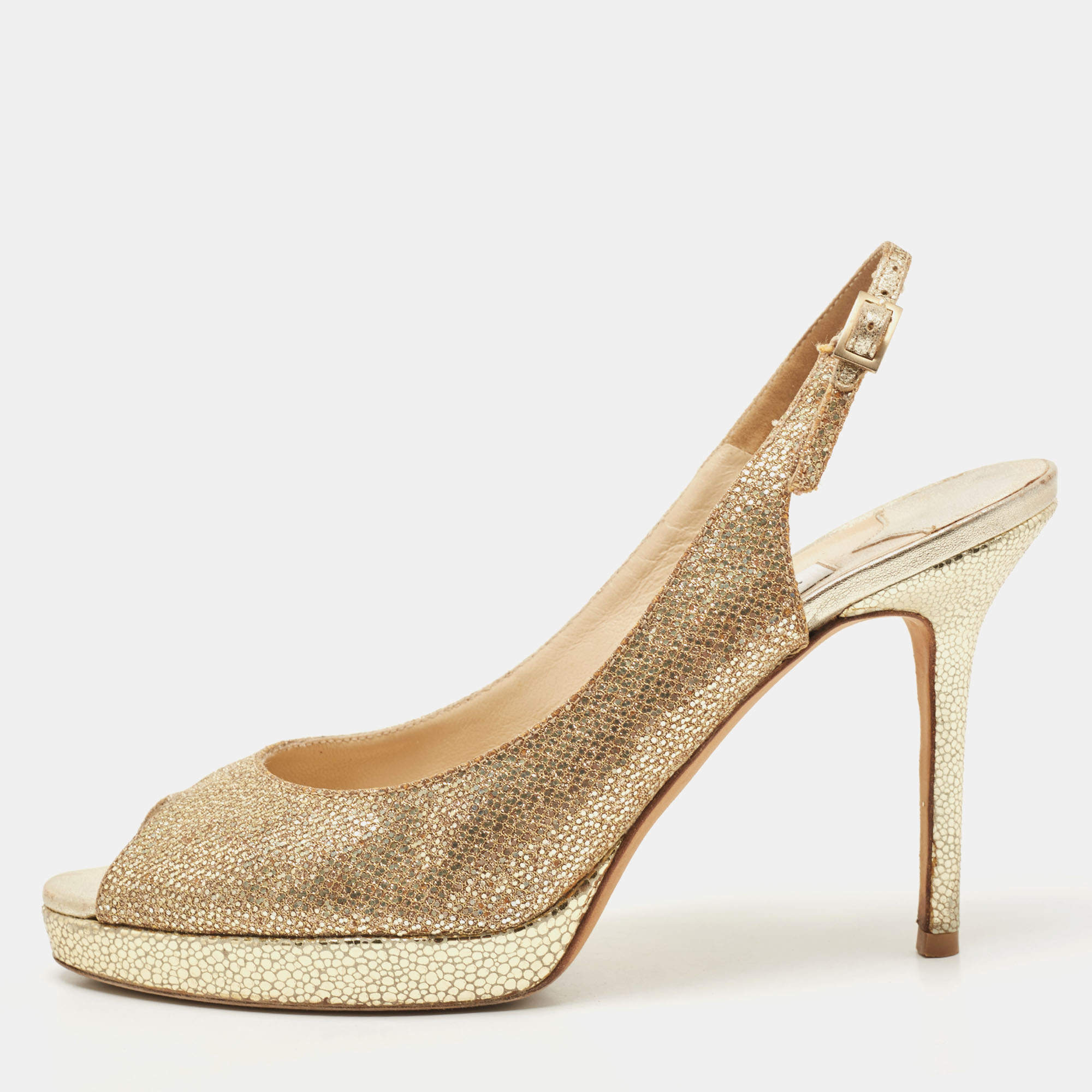 Pre-owned Jimmy Choo Metallic Gold Coarse Glitter And Leather Slingback Pumps Size 38