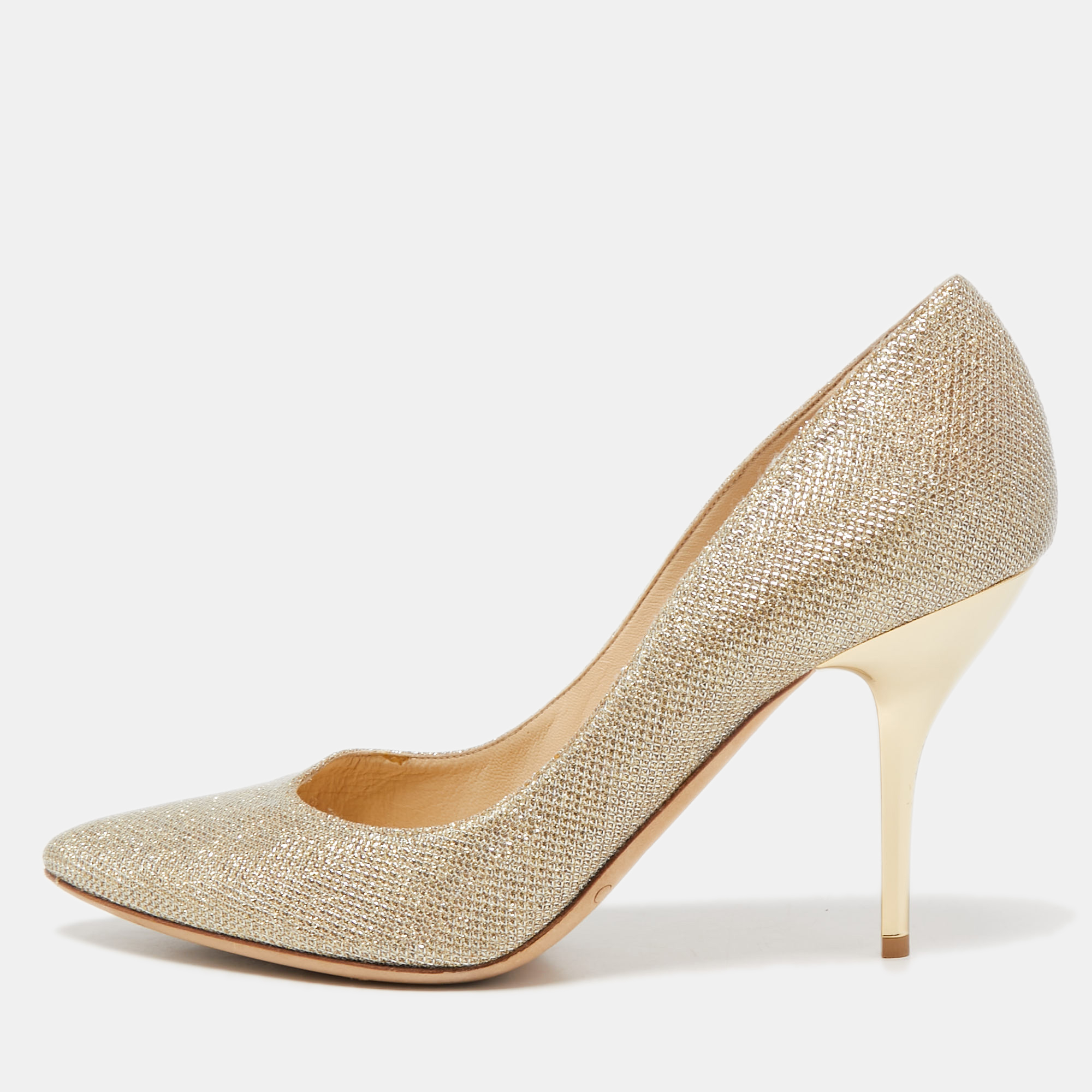 

Jimmy Choo Gold Glitter Fabric Romy Pointed Toe Pumps Size