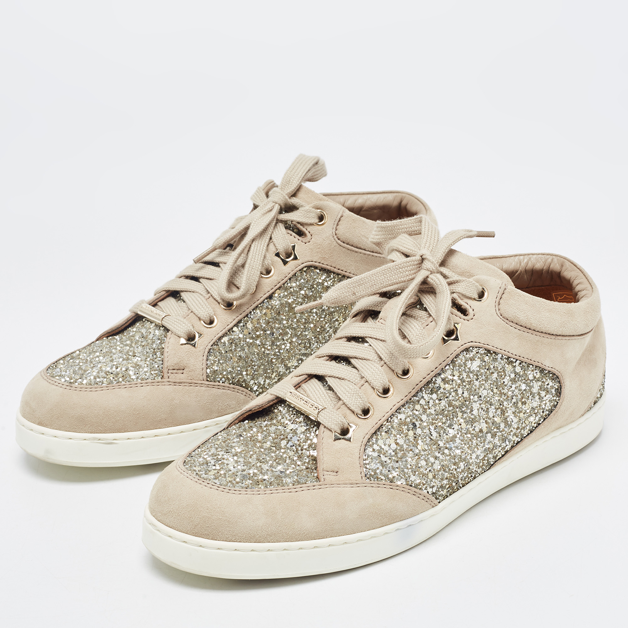 

Jimmy Choo Brown/Gold Suede and Coarse Glitter Miami Sneakers Size