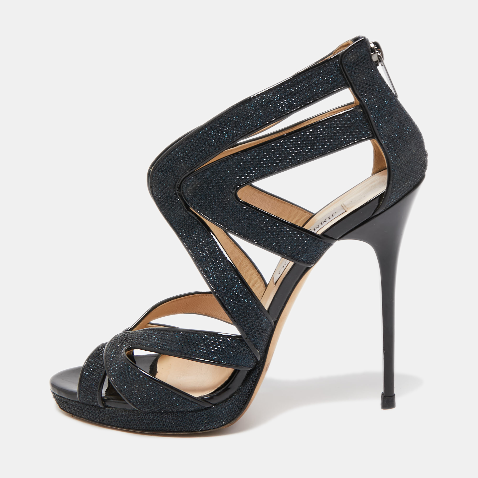 Pre-owned Jimmy Choo Navy Blue /black Glitter And Patent Leather Strappy Ankle Sandals Size 40