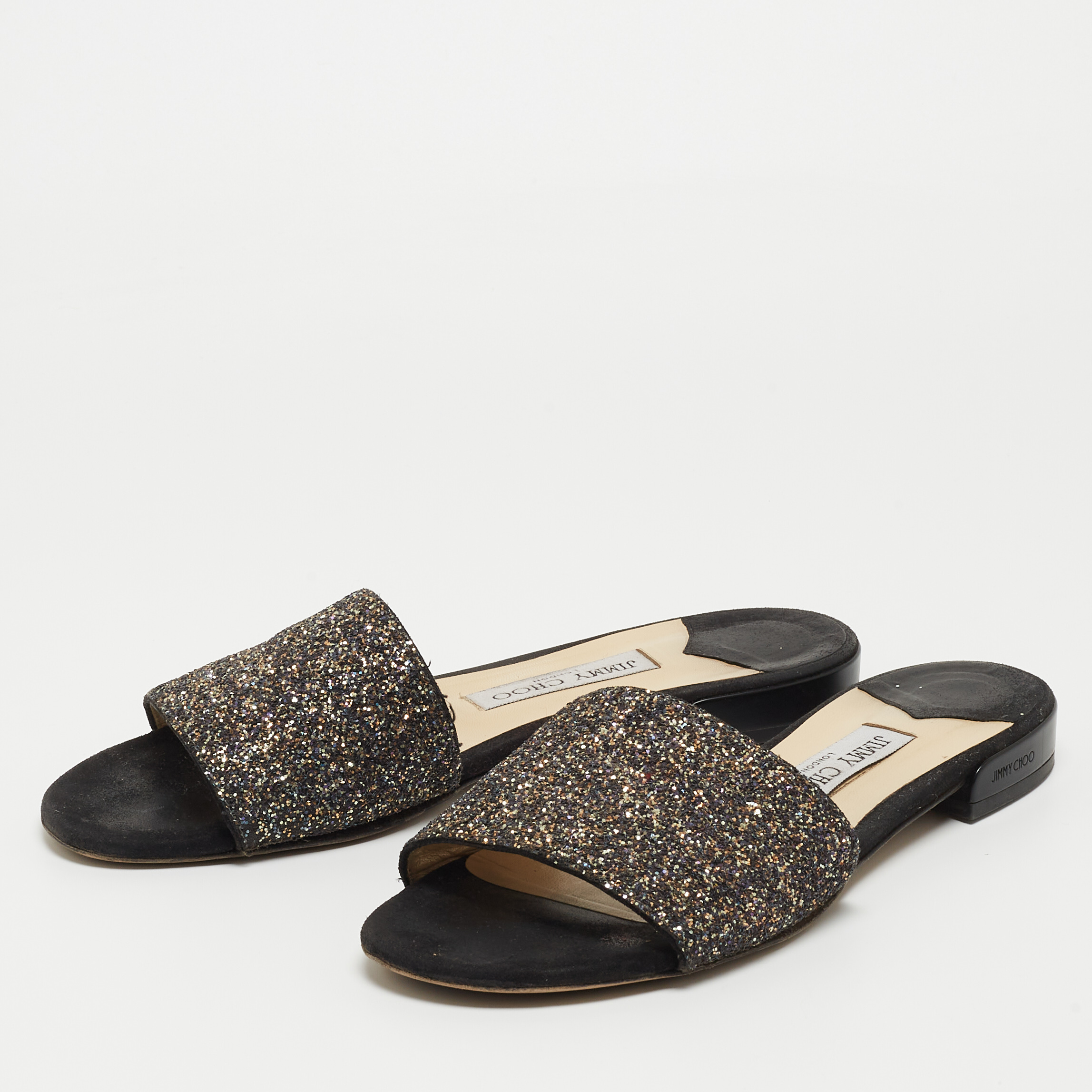 

Jimmy Choo Multicolor Glitter Flat Slides Size