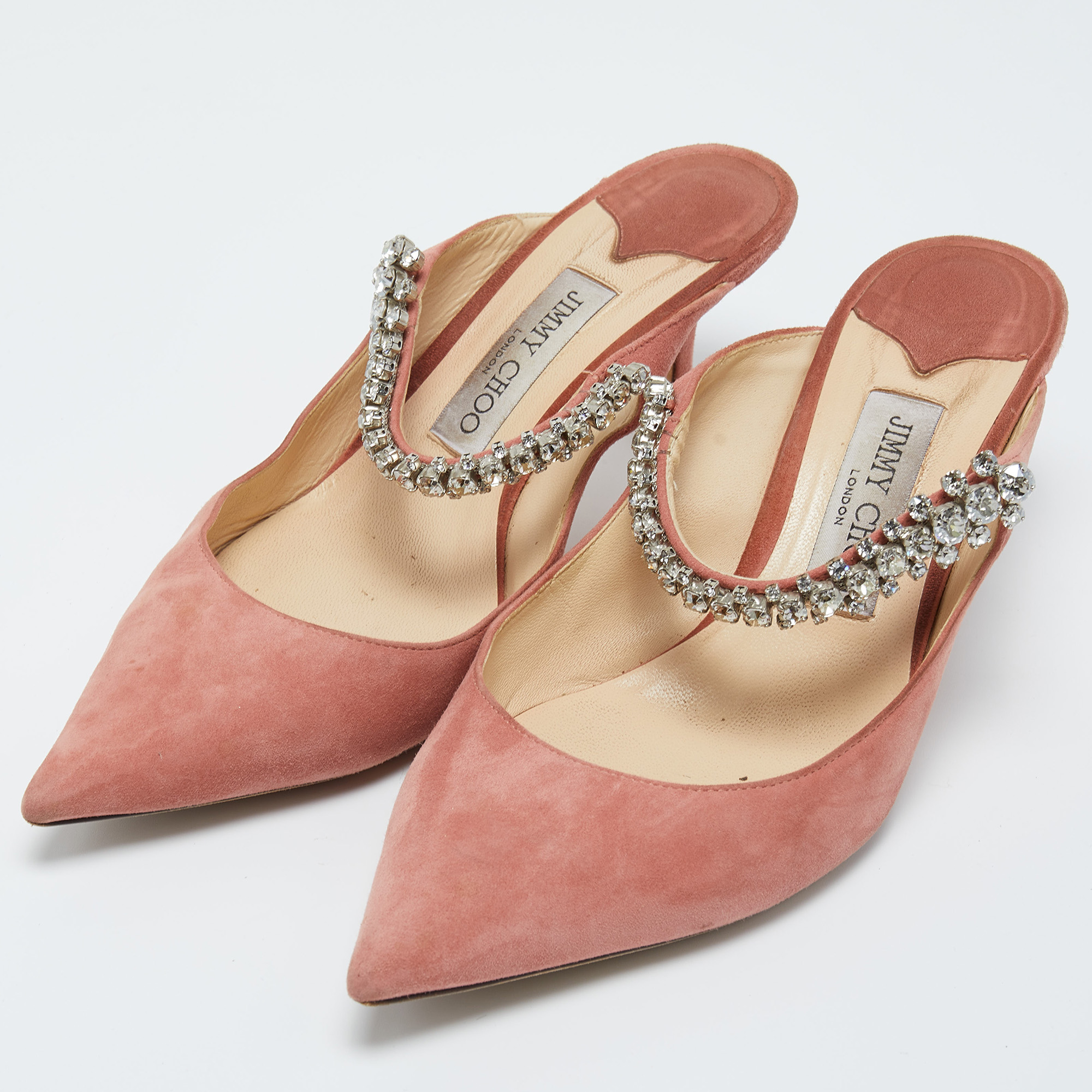 

Jimmy Choo Pink Suede Crystal Embellished Bing Slides Size