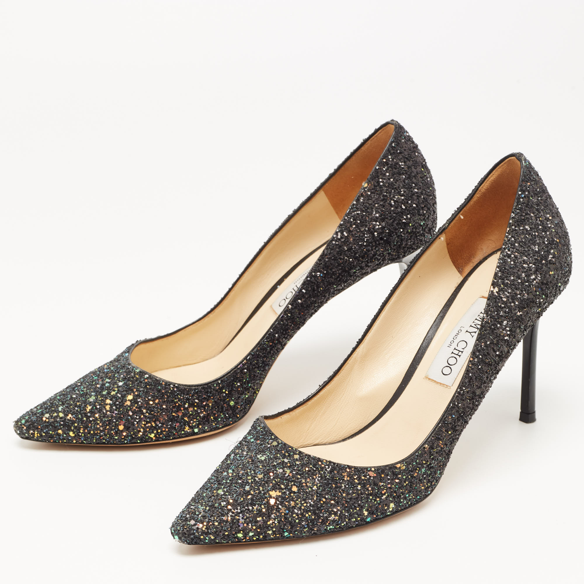 

Jimmy Choo Black Glitter Romy Pointed Toe Pumps Size