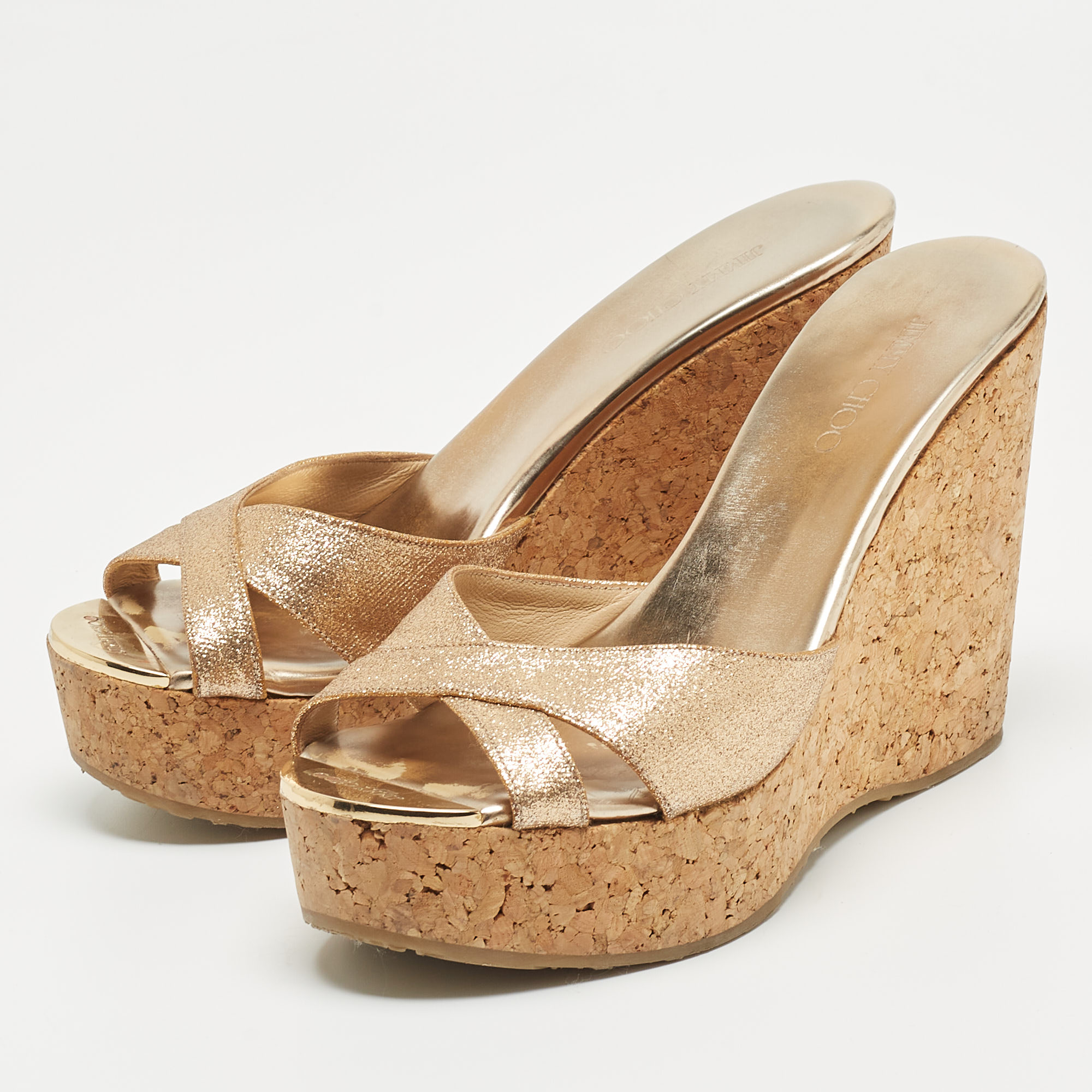 

Jimmy Choo Gold Glitter Leather Prima Wedge Platform Sandals Size