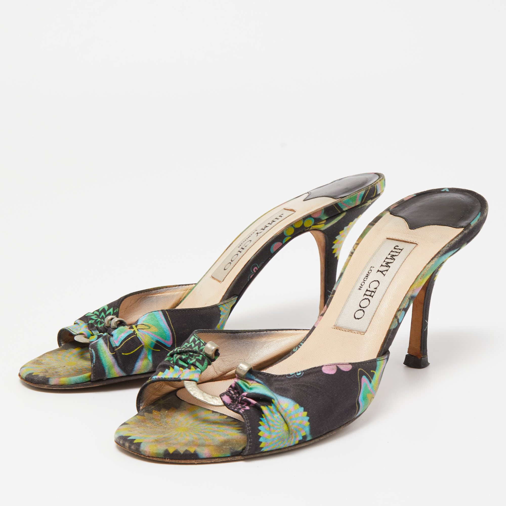 

Jimmy Choo Multicolor Satin Slide Sandals Size