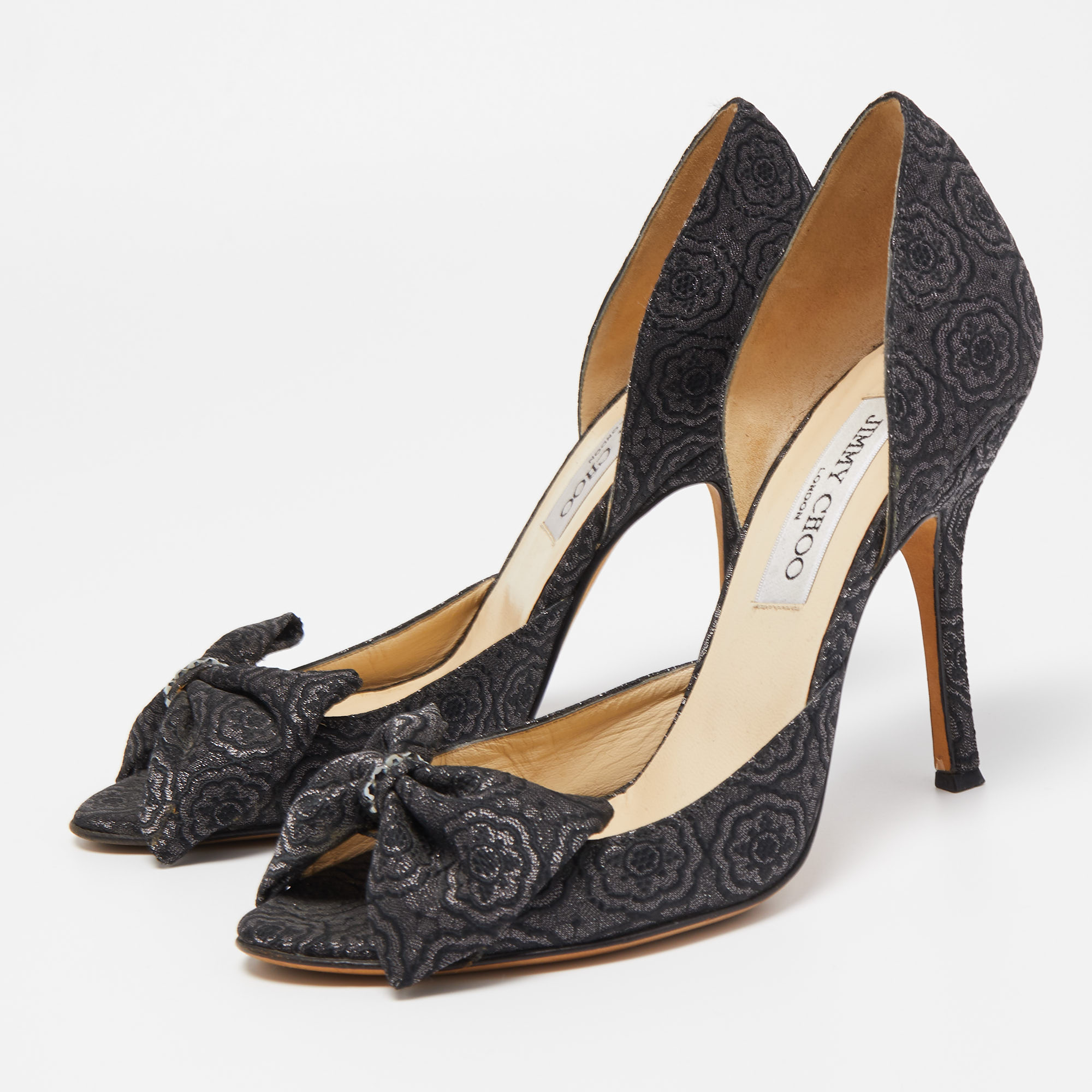 

Jimmy Choo Black/Grey Brocade Fabric Bow D'orsay Peep Toe Pumps Size