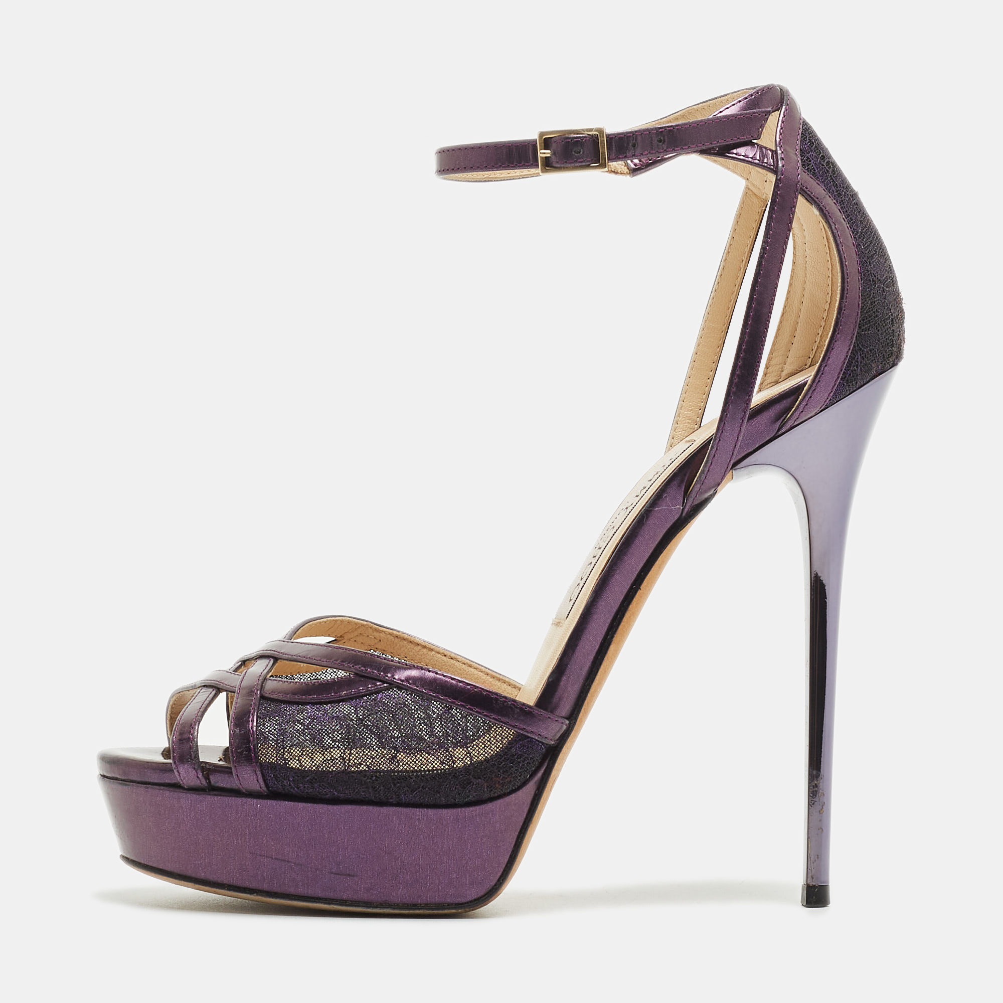 Pre-owned Jimmy Choo Purple Lace And Leather Laurita Sandals Size 37.5