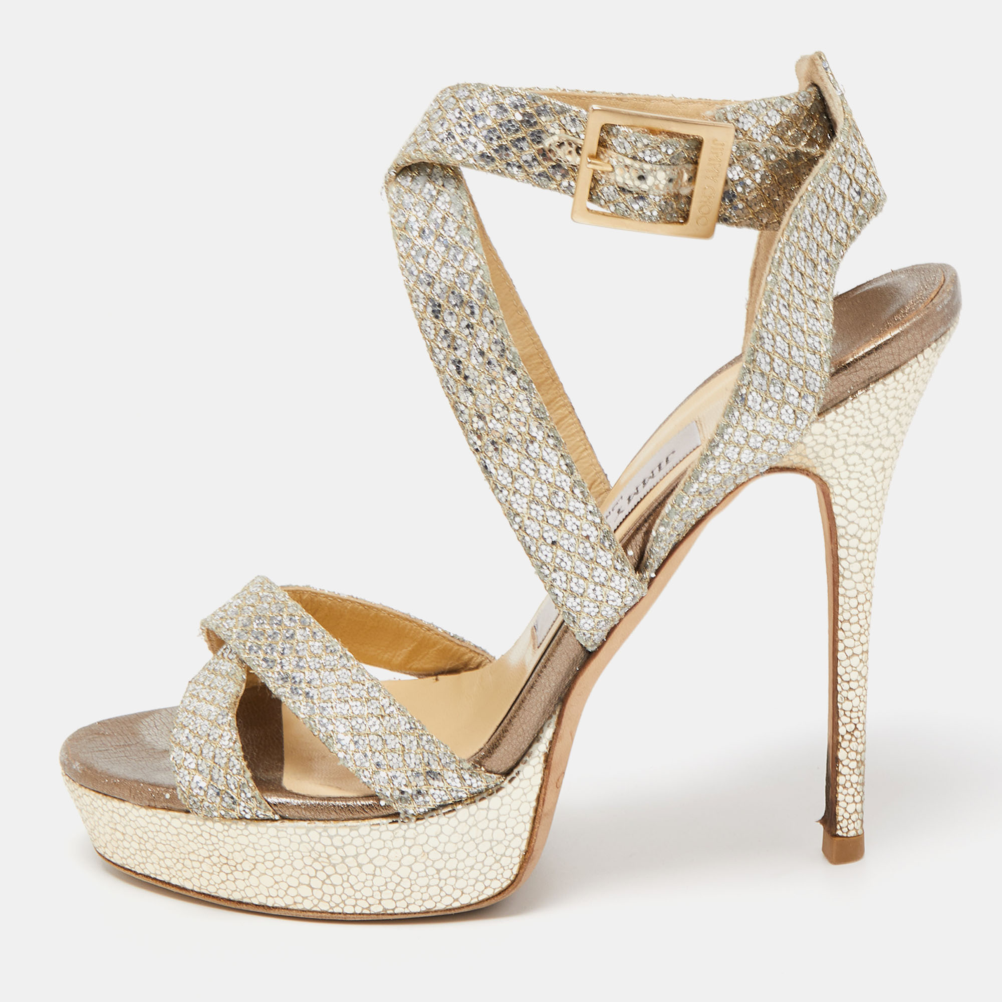 Pre-owned Jimmy Choo Silver Glitter Vamp Ankle Strap Sandals Size 38
