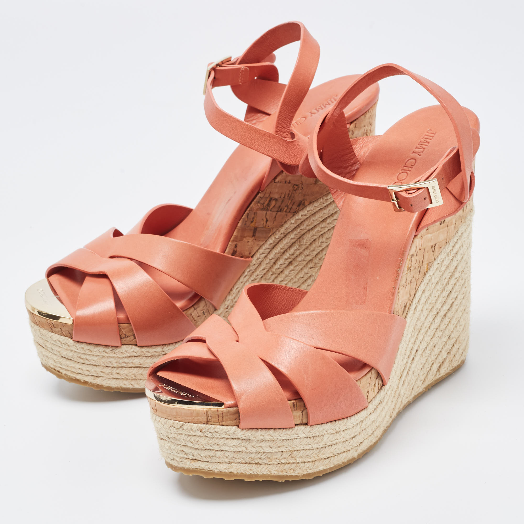 

Jimmy Choo Light Orange Leather Pallet Espadrille Wedge Sandals Size