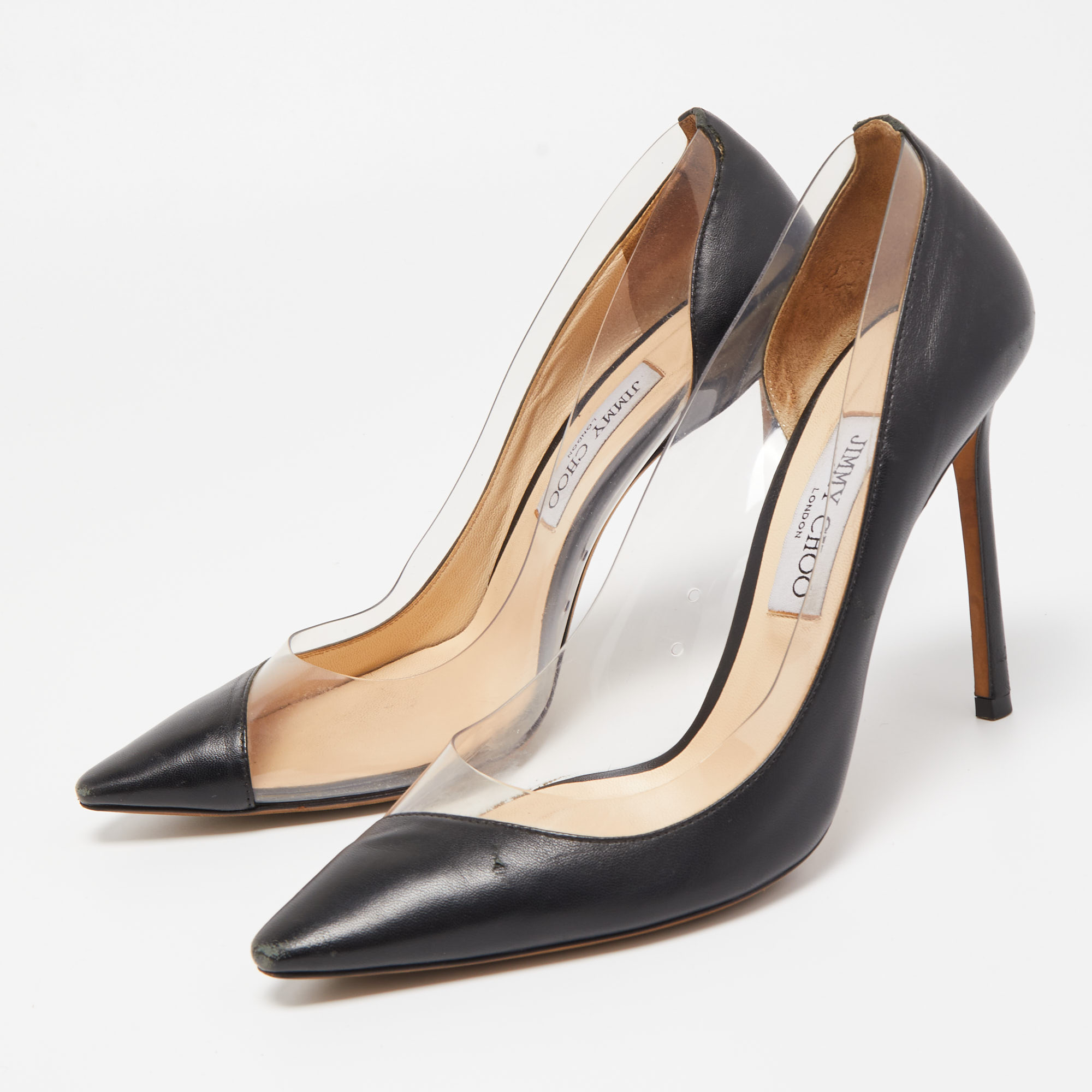 

Jimmy Choo Black Leather and PVC Pointed Toe Pumps Size