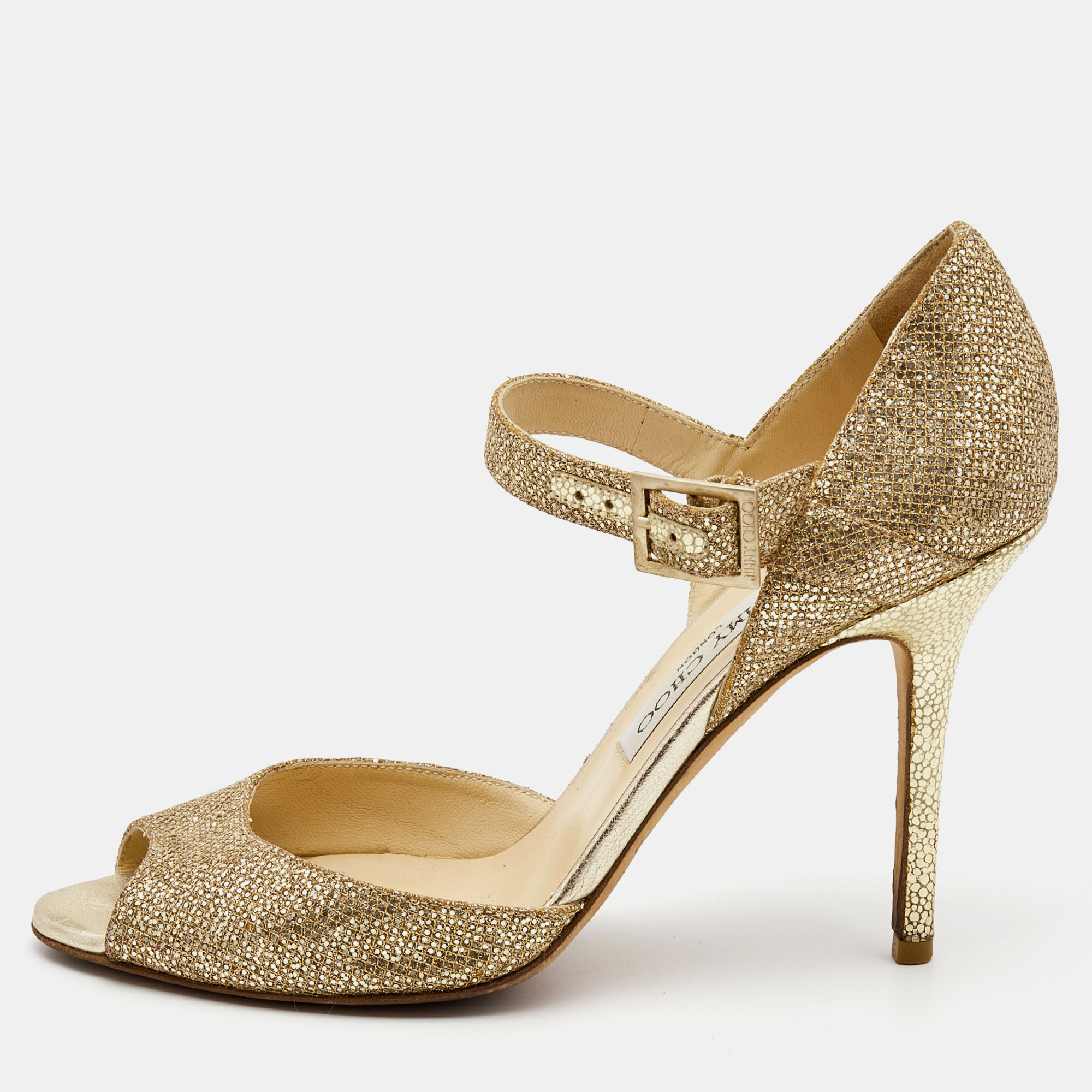 

Jimmy Choo Gold Coarse Glitter Foil Leather Ankle Strap Sandals Size
