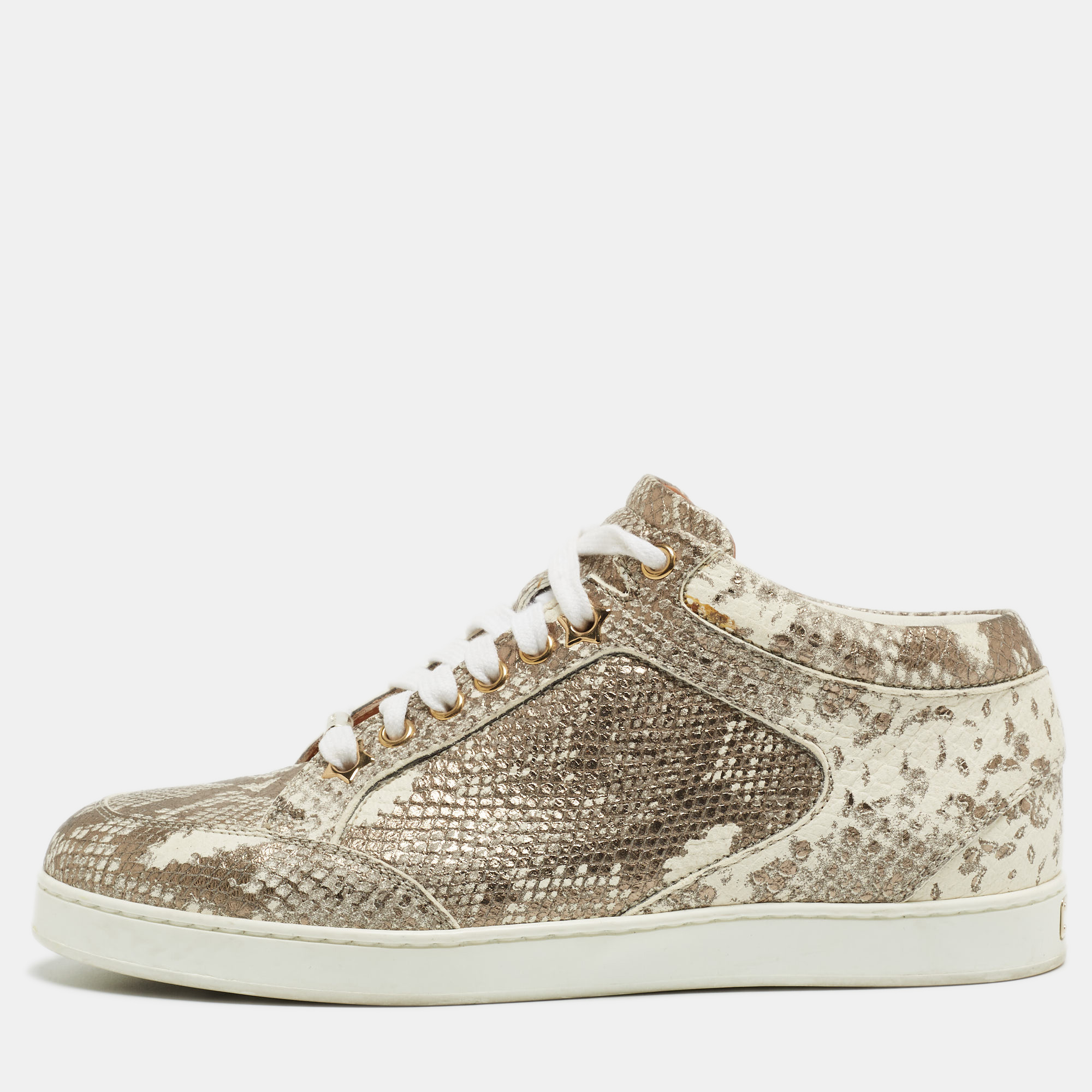 

Jimmy Choo Metallic White Python Embossed Leather Low Top Sneakers Size