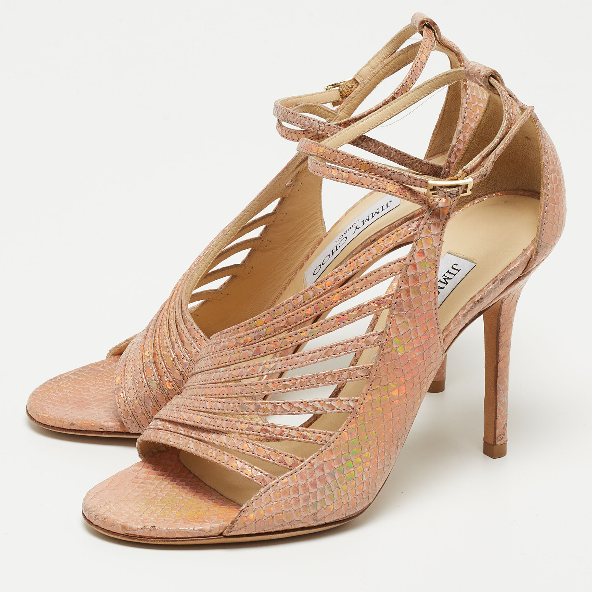 

Jimmy Choo Metallic Pink Embossed Leather Strappy Open Toe Ankle Strap Sandals Size