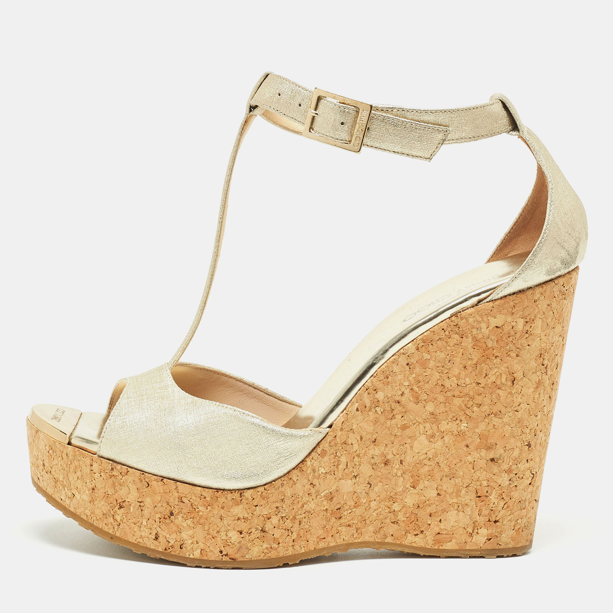 

Jimmy Choo Gold Textured Leather Pela Cork Wedge Sandals Size