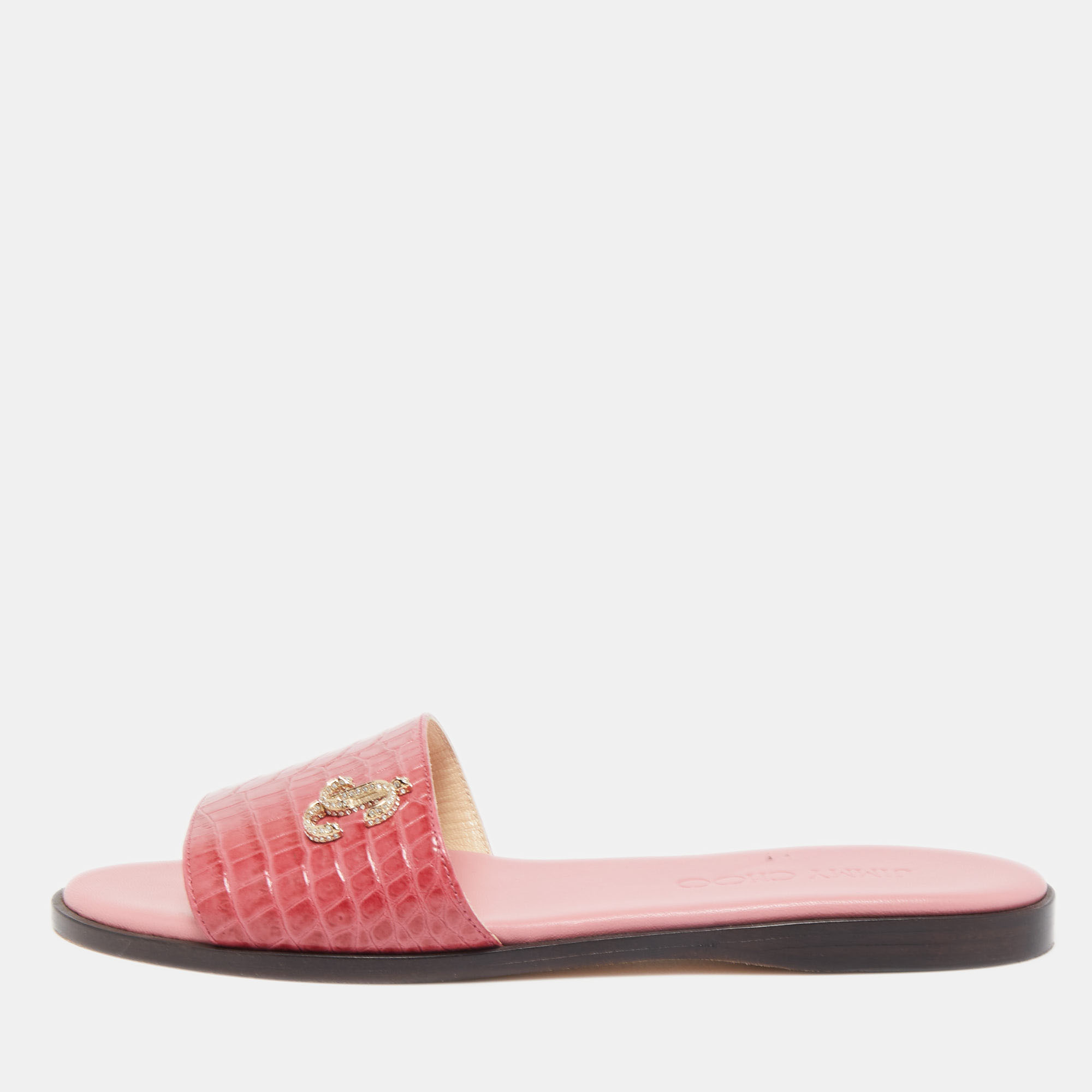 

Jimmy Choo Pink Croc Embossed Minea Flat Slides Size