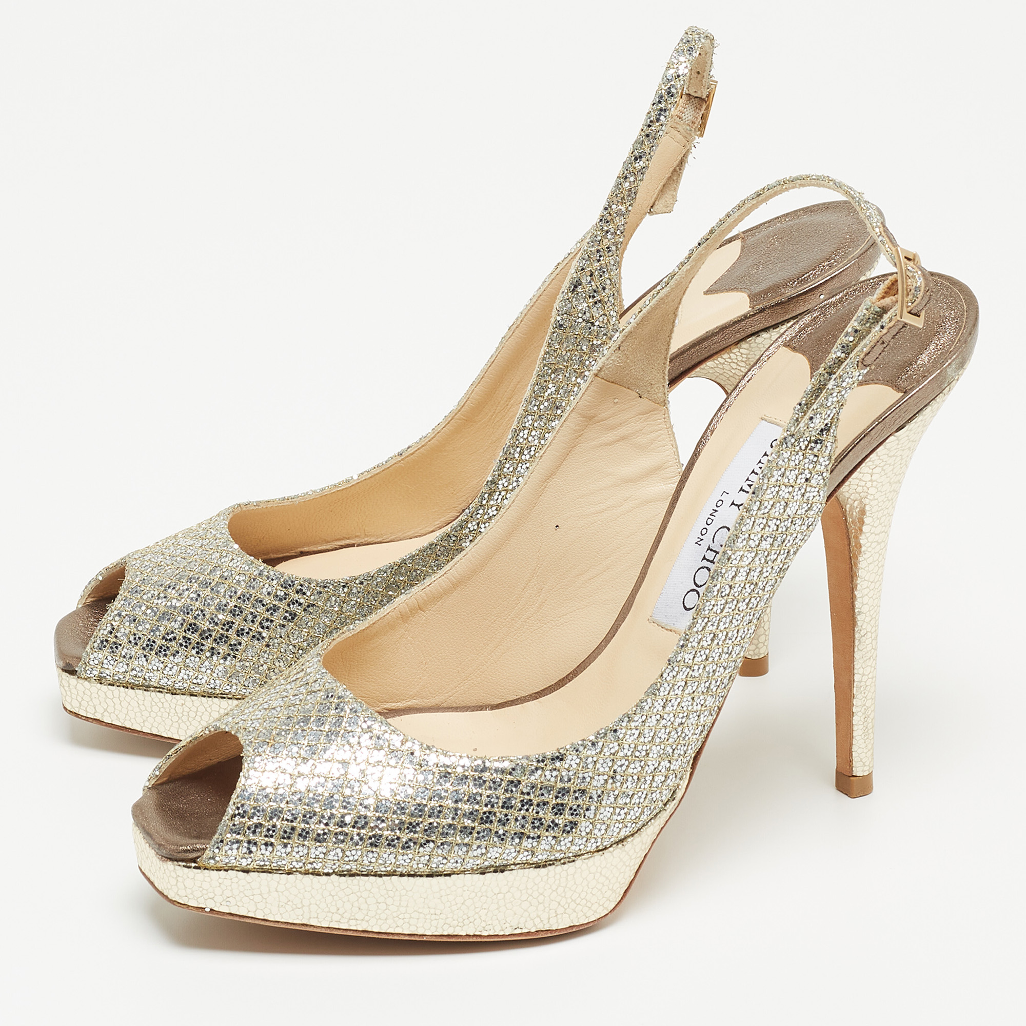 

Jimmy Choo Silver Glitter Clue Slingback Pumps Size, Gold