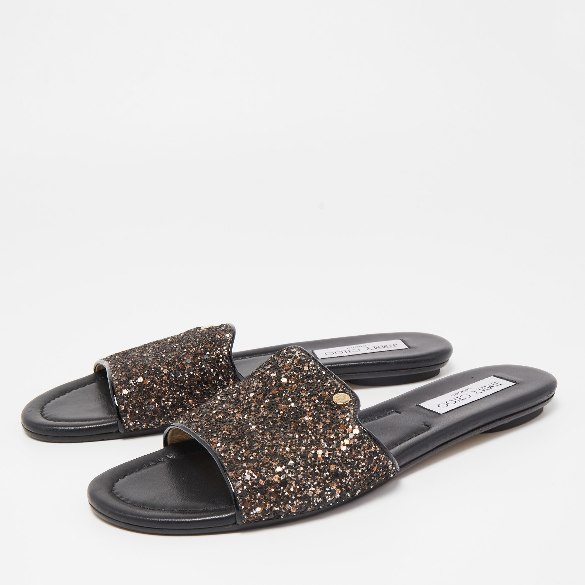 

Jimmy Choo Metallic Black Glitter and Patent Leather Nanda Flat Slides Size