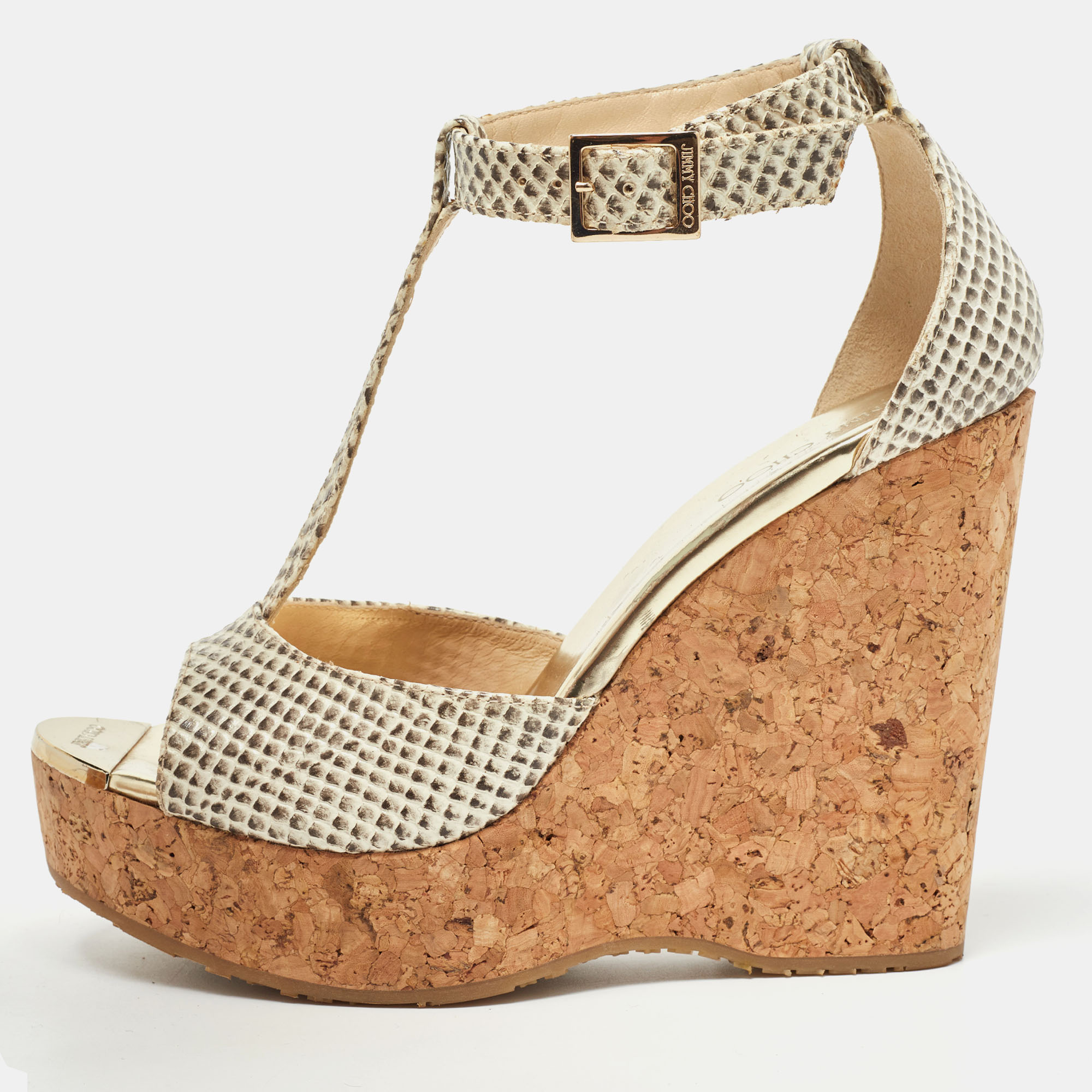 

Jimmy Choo Two Tone Python Embossed Leather Pela Sandals Size, White