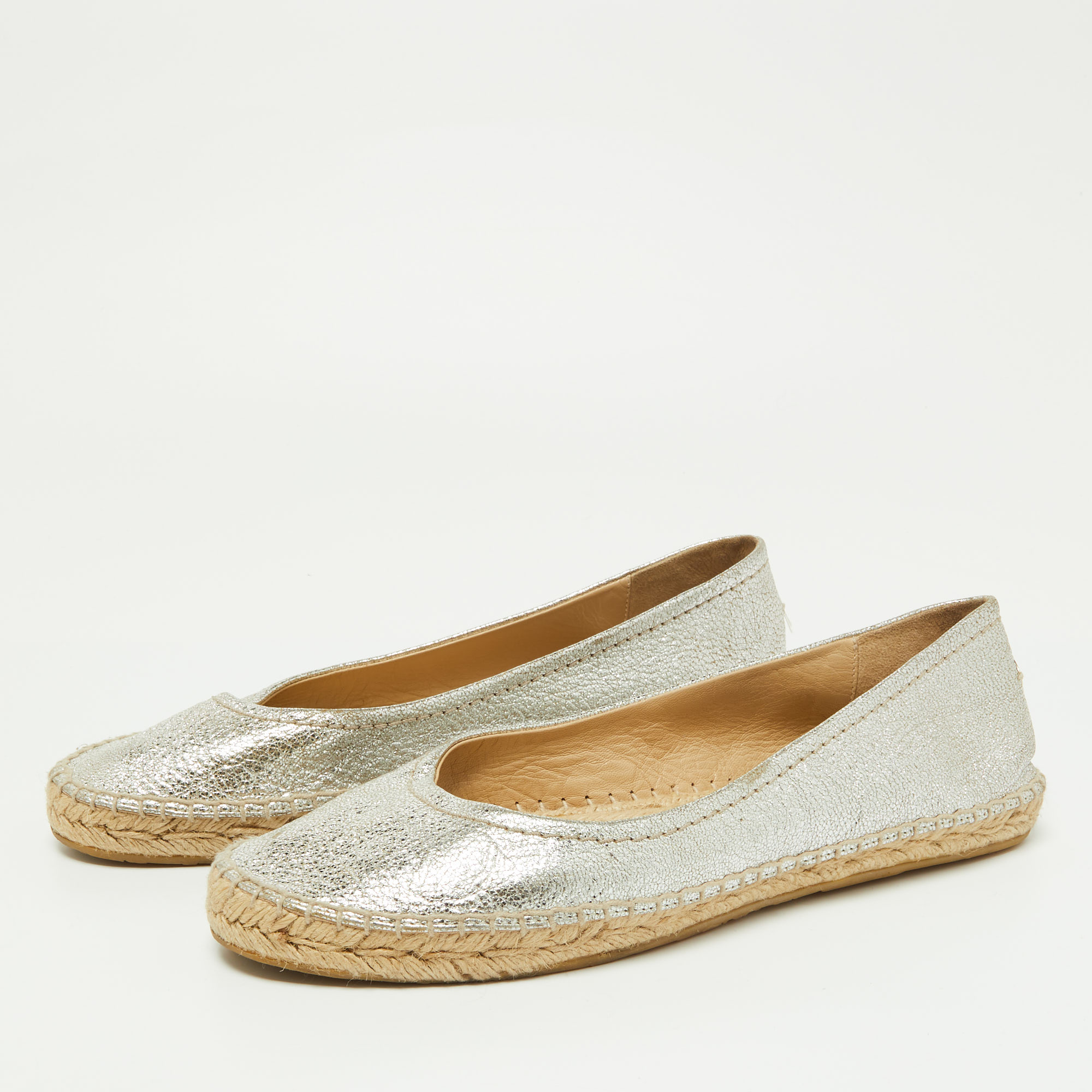 

Jimmy Choo Metallic Silver Leather Pow Espadrille Flats Size