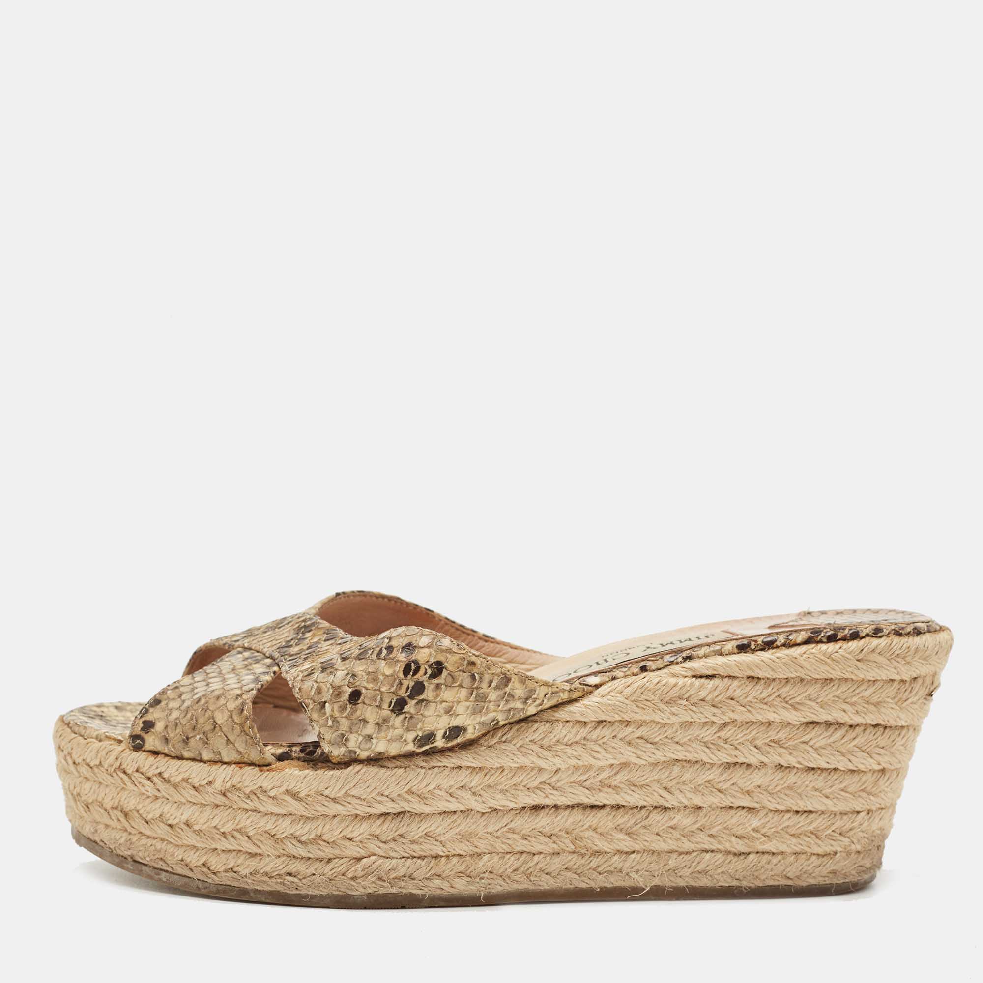Pre-owned Jimmy Choo Beige/brown Python Embossed Leather Phyllis Wedge Espadrille Slide Sandals Size 38