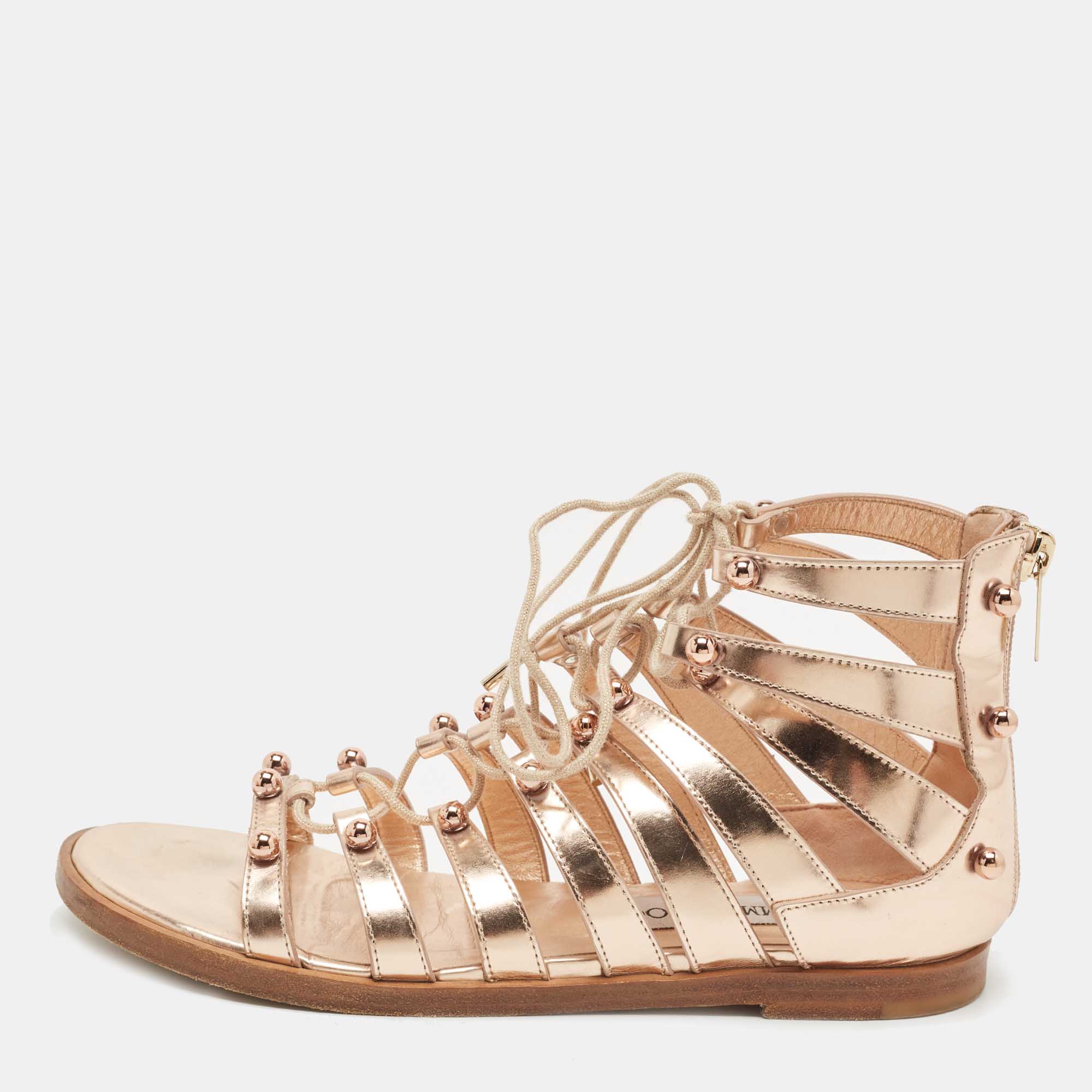 Pre-owned Jimmy Choo Rose Gold Leather Gigi Sandals Size 36.5 In Metallic