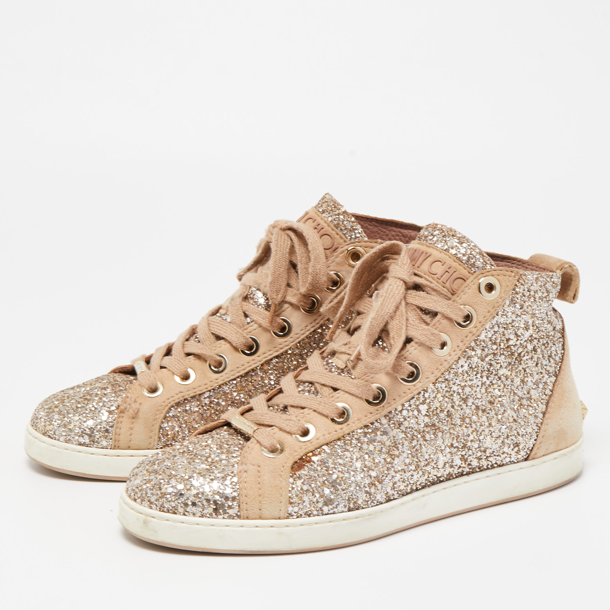 

Jimmy Choo Beige/Silver Glitter and Suede High Top Sneakers Size