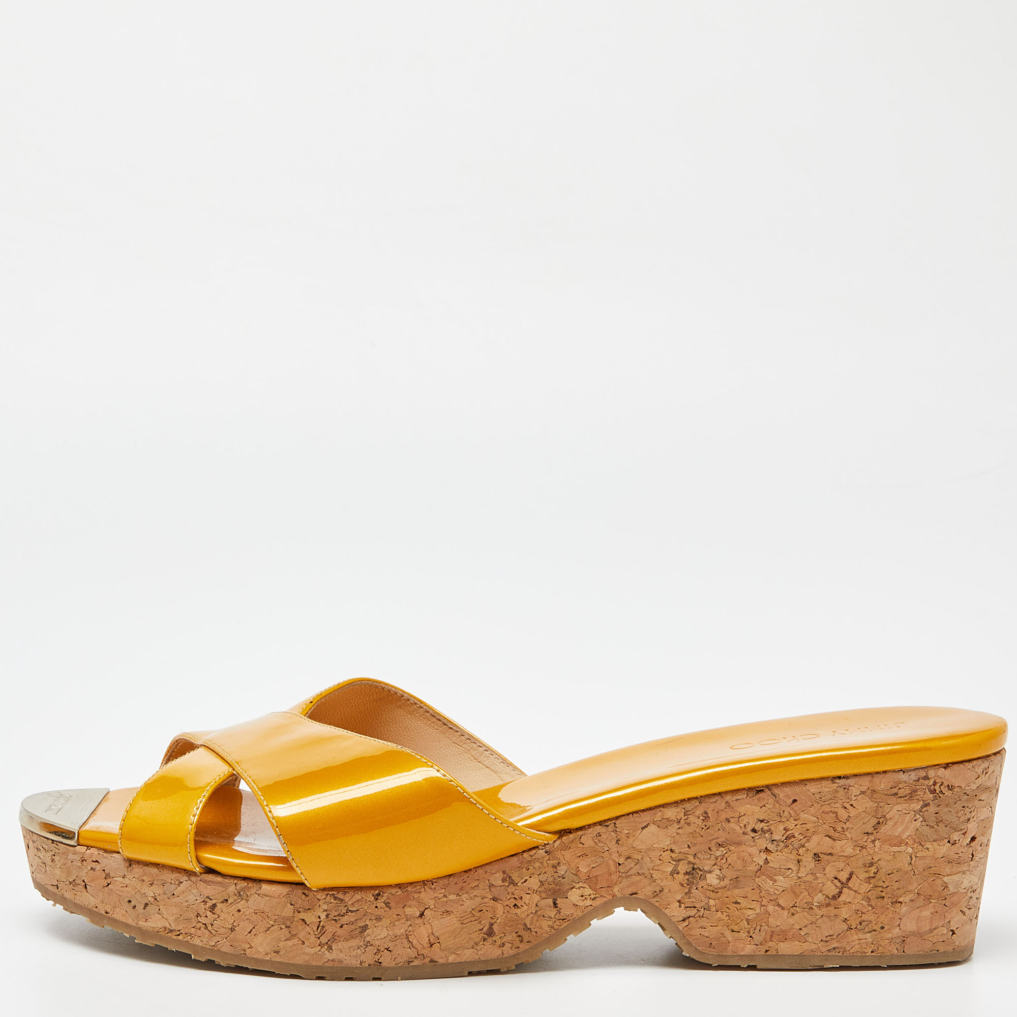Pre-owned Jimmy Choo Mustard Yellow Patent Leather Pandora Cork Wedges Size 39.5