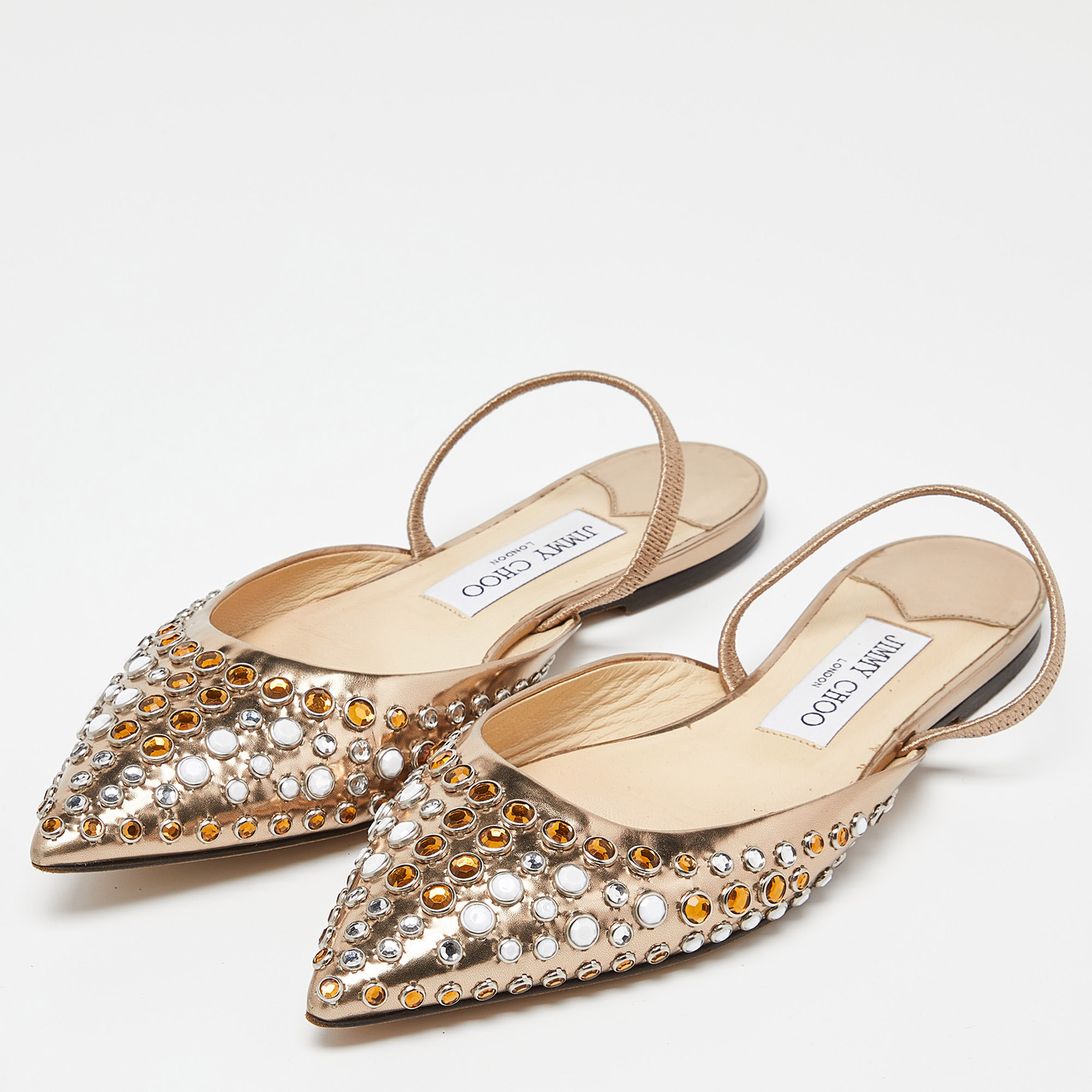 

Jimmy Choo Gold Patent Leather Embellished Ankle Strap Pointed Toe Flats Size