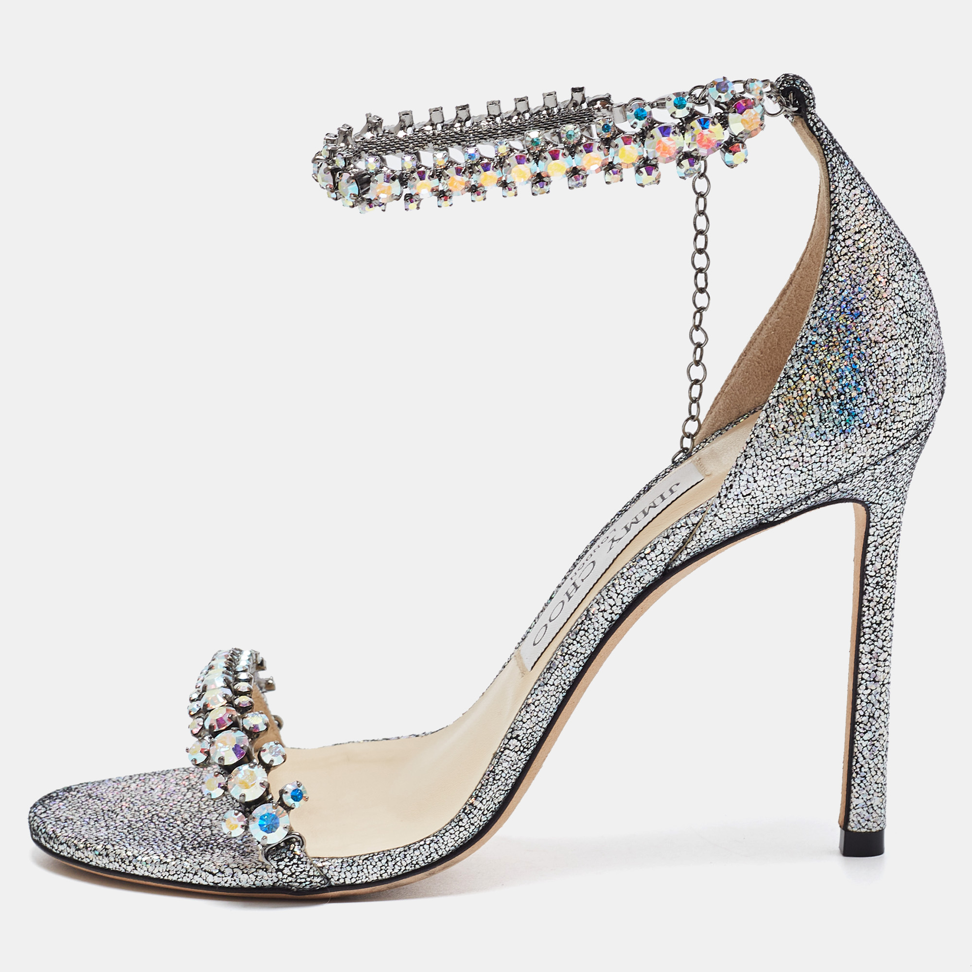 

Jimmy Choo Multicolor Glitter Suede Shiloh Crystal Embellished Ankle Cuff Sandals Size