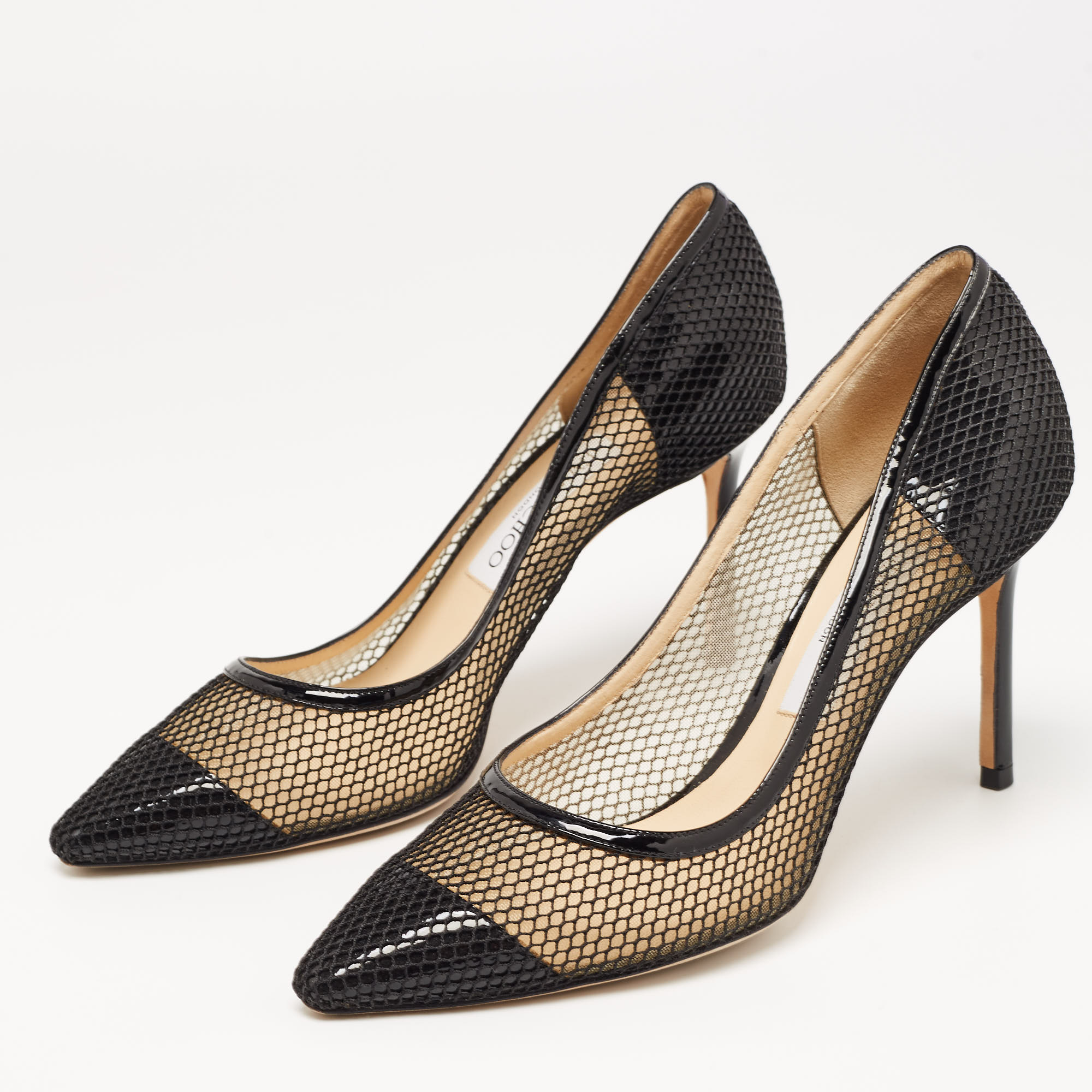 

Jimmy Choo Black Mesh and Patent Romy Pumps Size