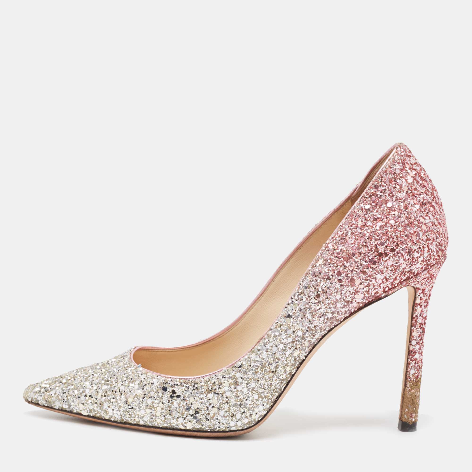 Pre-owned Jimmy Choo Ombre Silver/pink Coarse Glitter Romy Pumps Size 37
