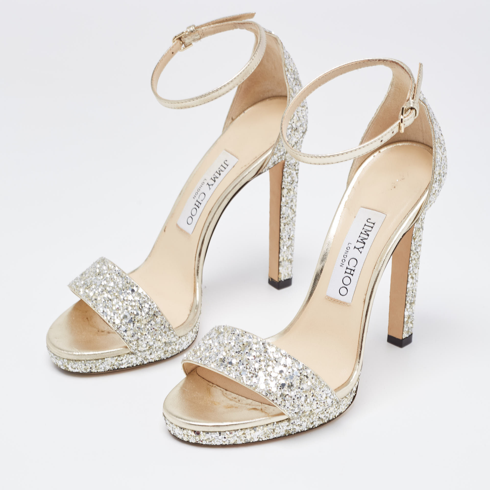 

Jimmy Choo Silver/Gold Glitter and Leather Misty Ankle Strap Sandals Size