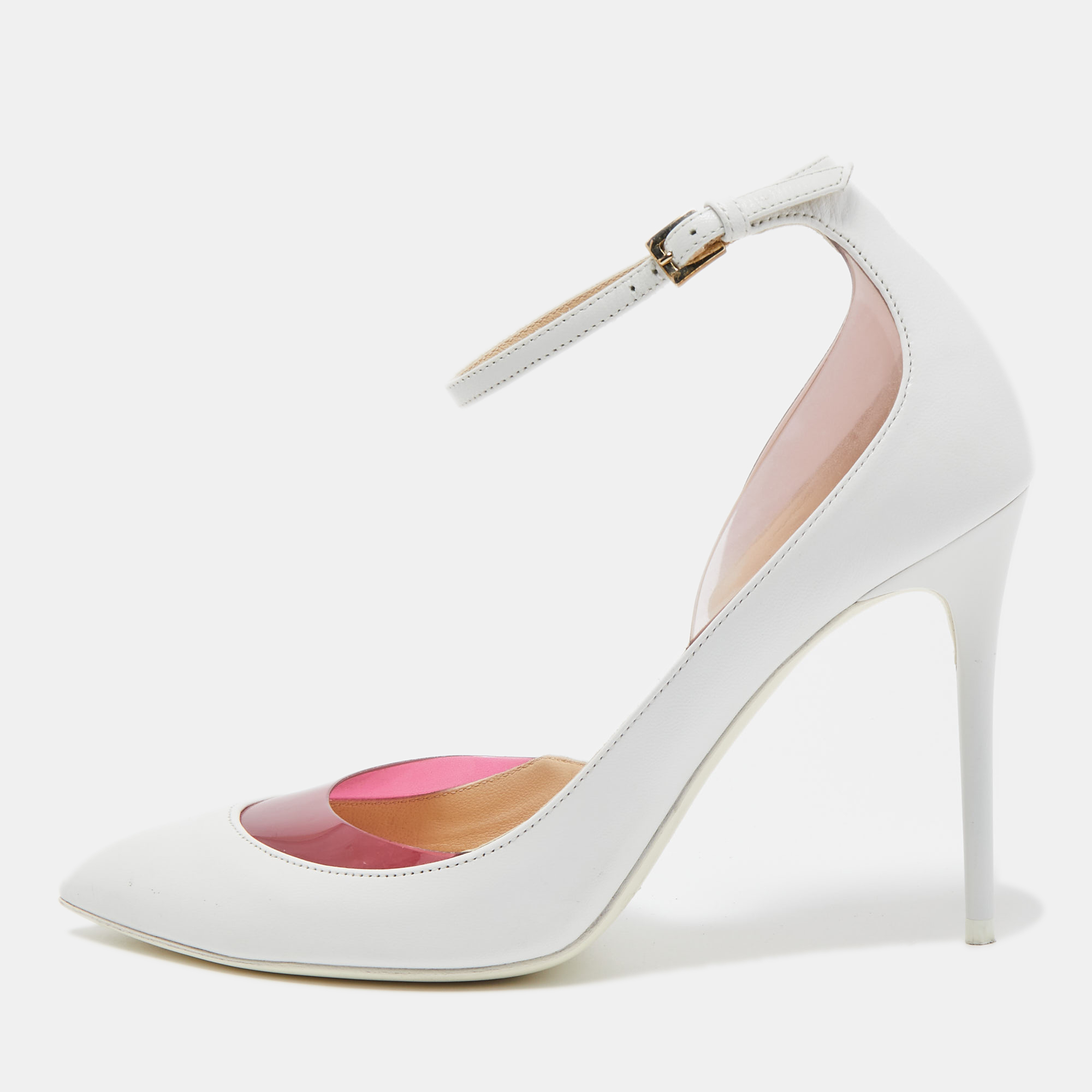 Pre-owned Jimmy Choo White/pink Leather And Pvc D'orsay Pointed Toe Ankle Strap Pumps Size 37