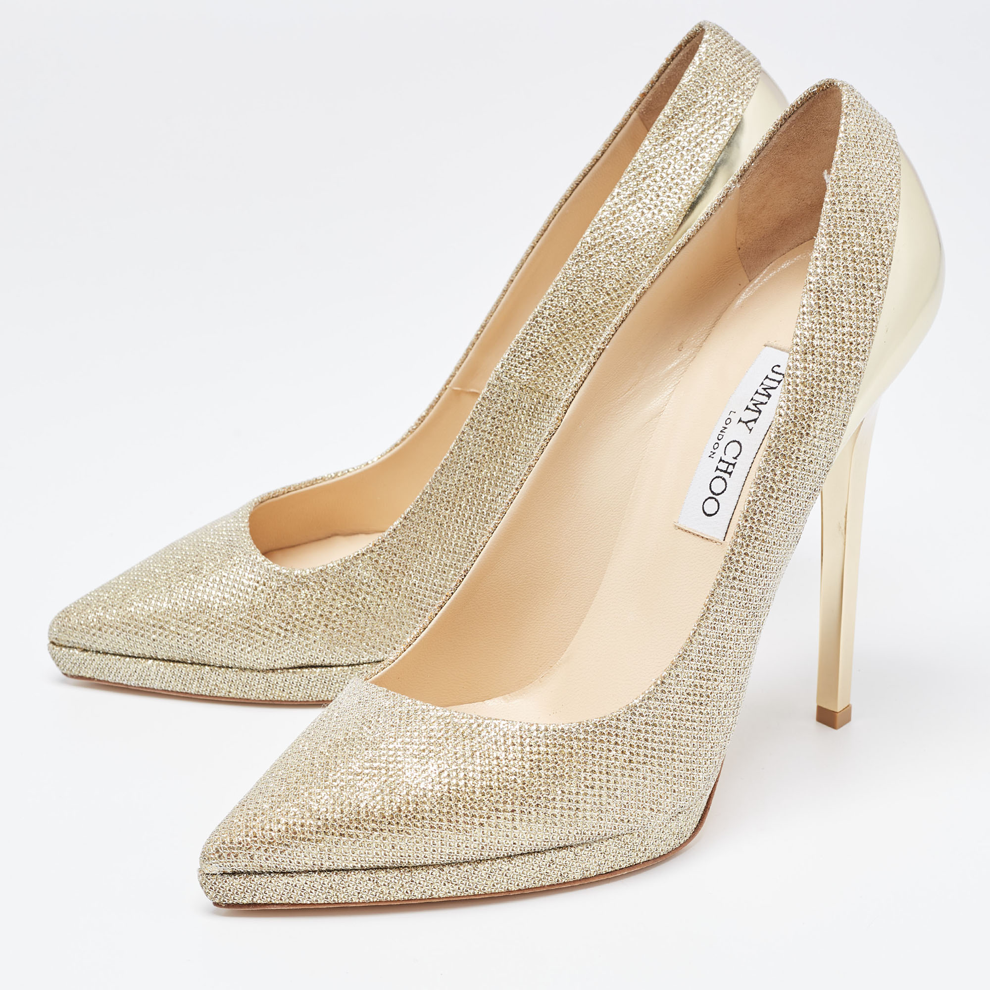 

Jimmy Choo Gold Glitter Fabric and Leather Pointed Toe Pumps Size