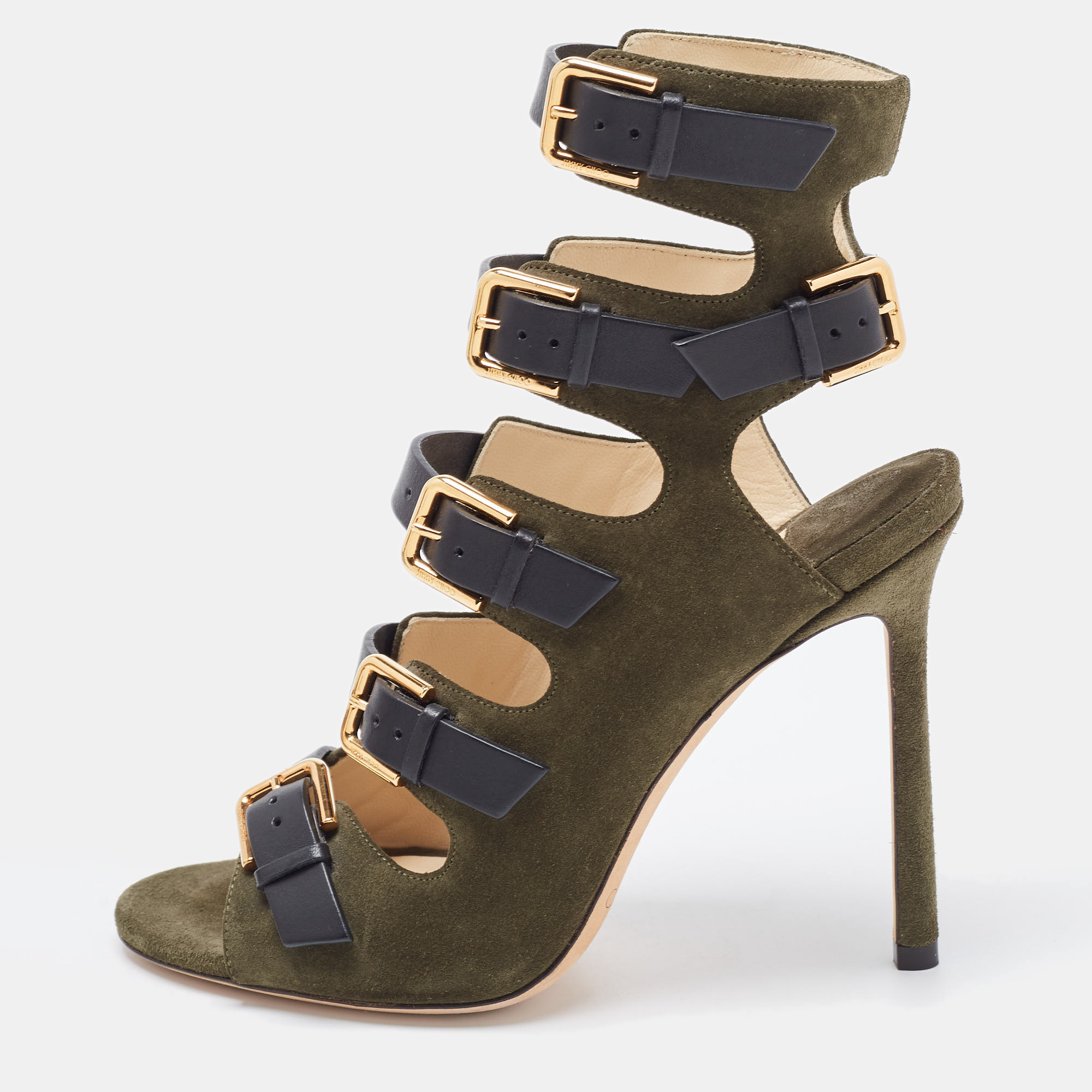 

Jimmy Choo Green/Black Suede and Leather Strappy Sandals Size