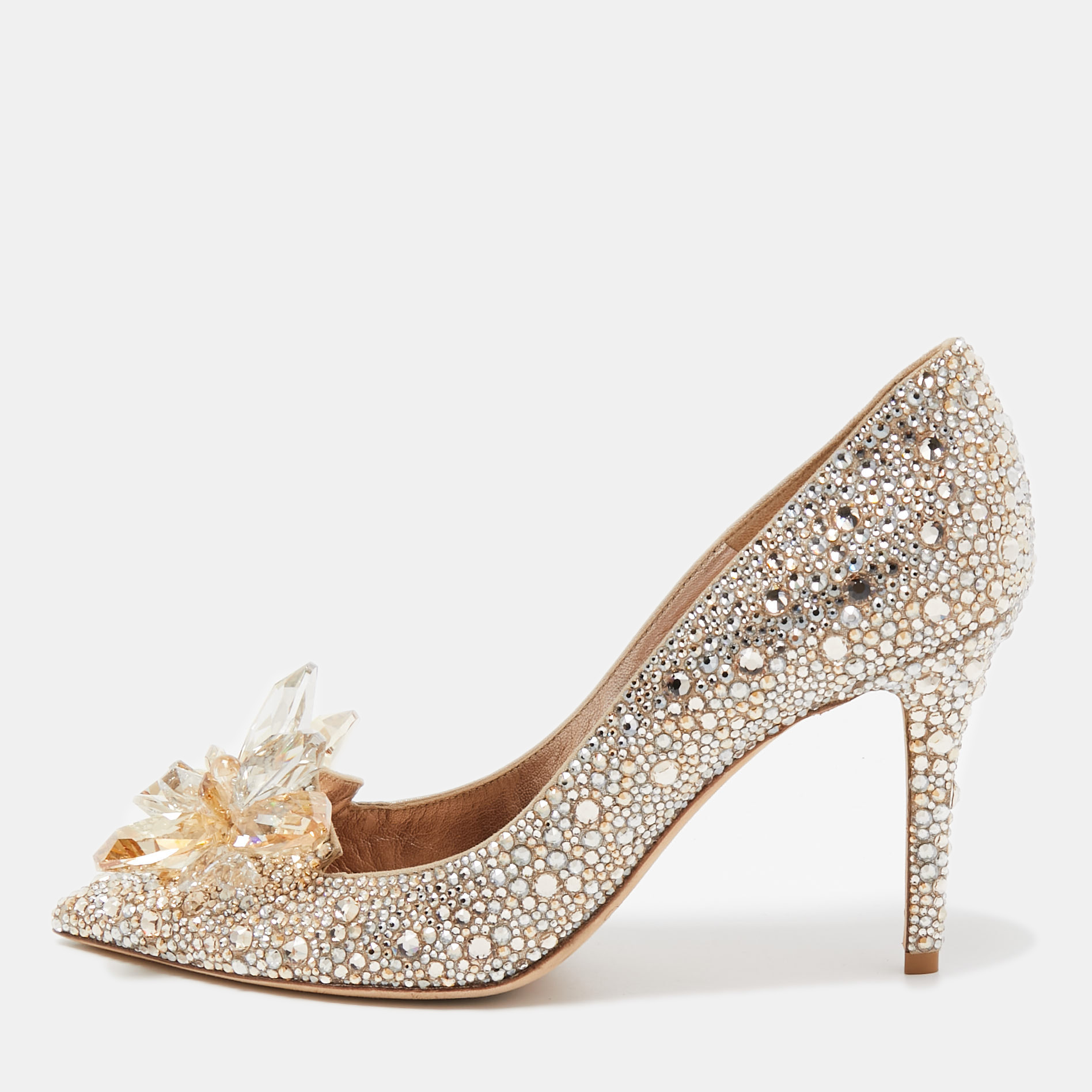 Pre-owned Jimmy Choo Gold Satin Alia Crystal Embellished Pointed Toe Pumps Size 38