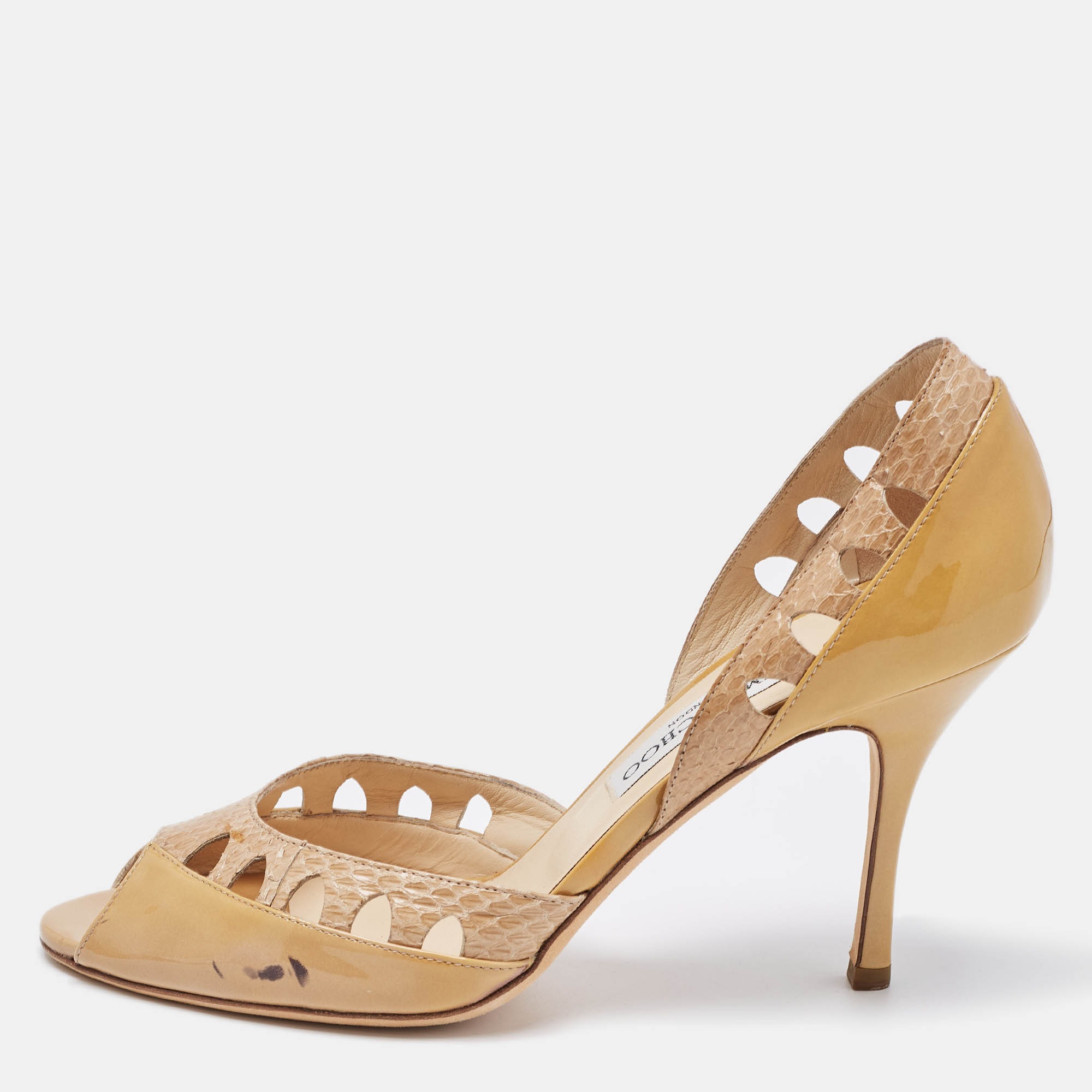

Jimmy Choo Two Tone Patent and Snakeskin Peep Toe D'orsay Pumps Size, Beige