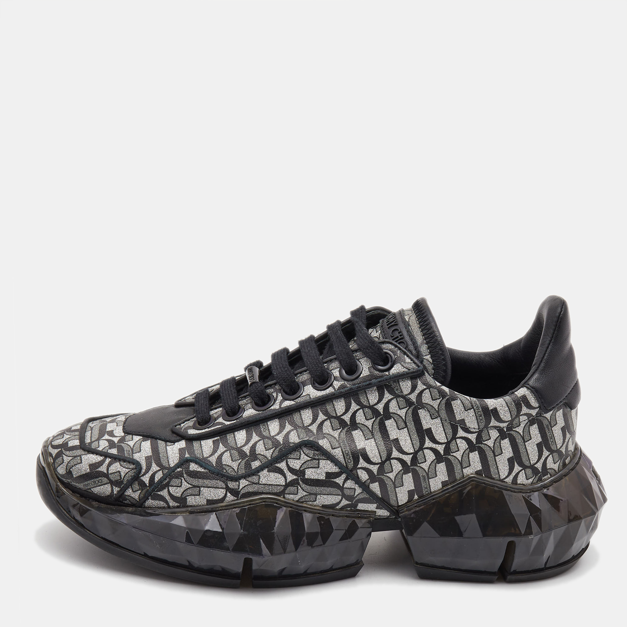 

Jimmy Choo Black/White Leather and Glitter Diamond Sneakers Size